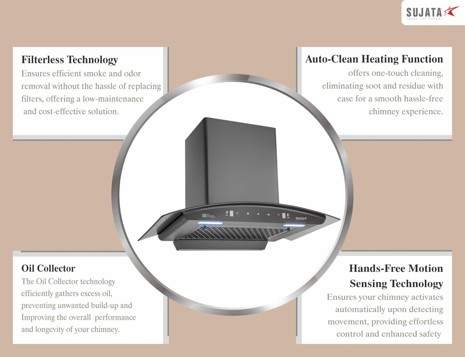 Image of SUJATA Pearl 60 Chimney for Kitchen | Chimney For Kitchen 60cm | Filter Less Auto Clean 1350 CMH 60 cm Auto Clean Chimney