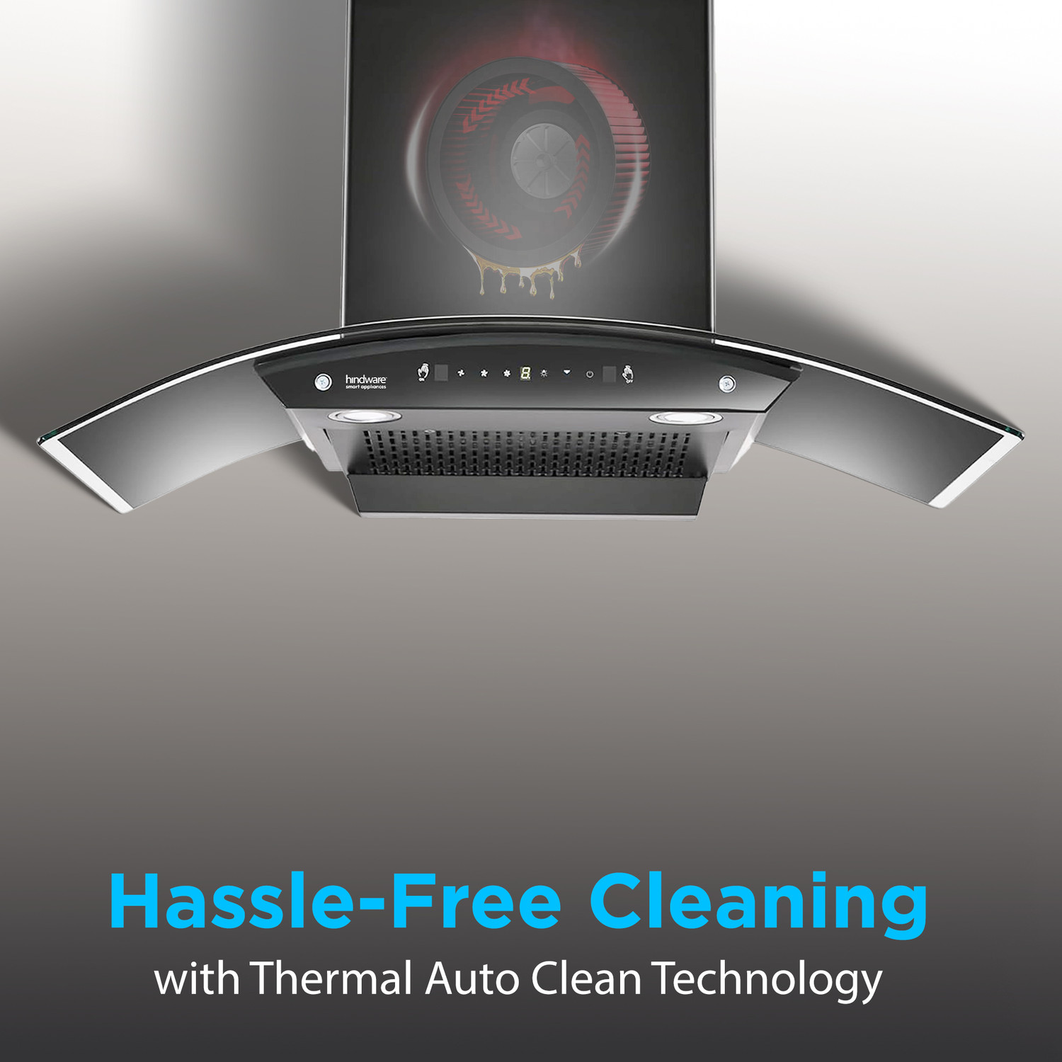 Image of Hindware Smart Appliances Ripple Neo 90 IN 1200 CMH 90 cm | Curved | Filterless | Touch Control | Motion Sensor | Energy Efficient LED Light | Powerful Suction | Auto Clean Chimney