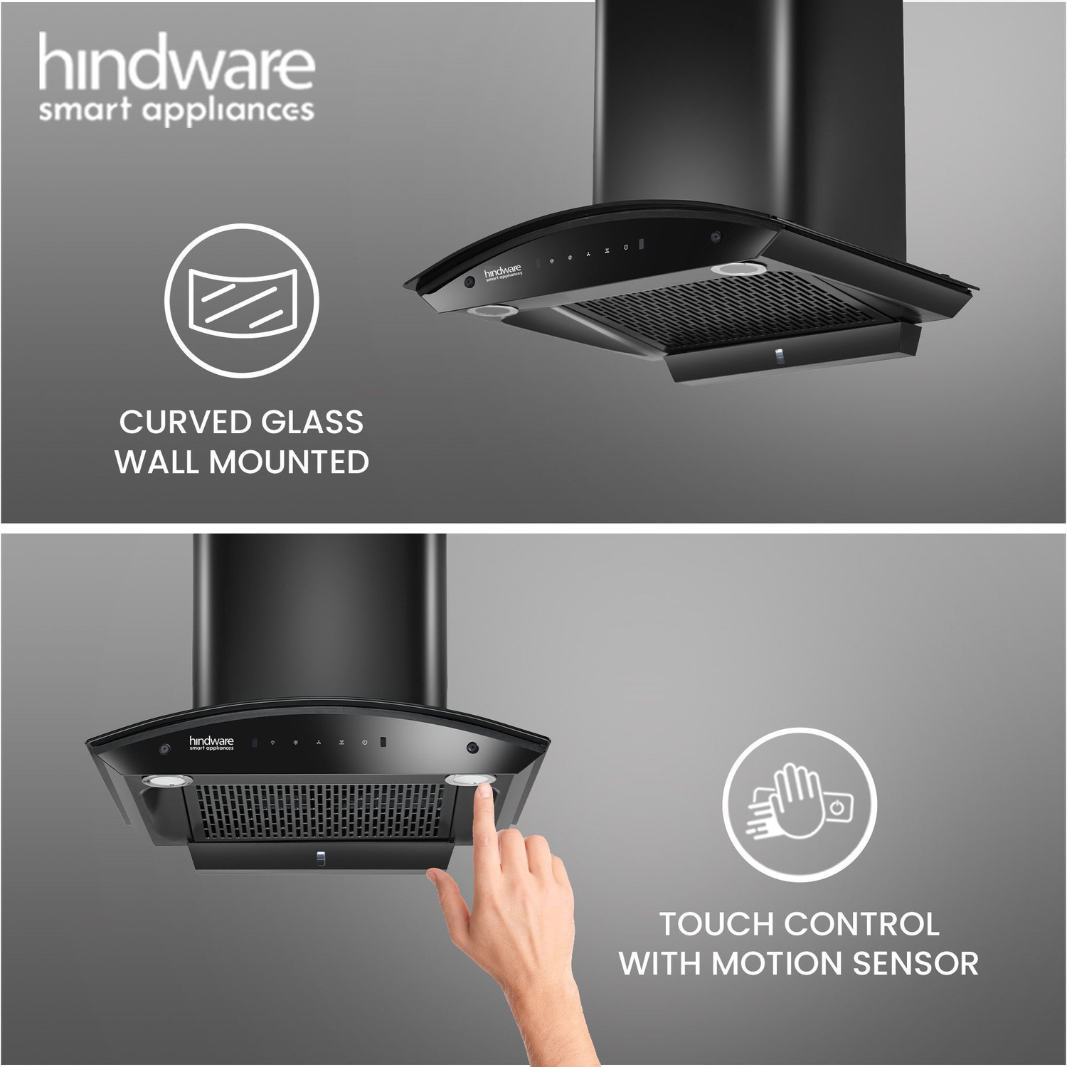 Image of Hindware Smart Appliances Ripple Blk Plus Autoclean 60 IN Auto Clean | Curved Glass | Filterless | Touch Control | Motion Sensor | 10 Years Motor Warranty | Energy Efficient LED Light | Powerful Suction | Wall Mounted Black 1500 CMH Chimney