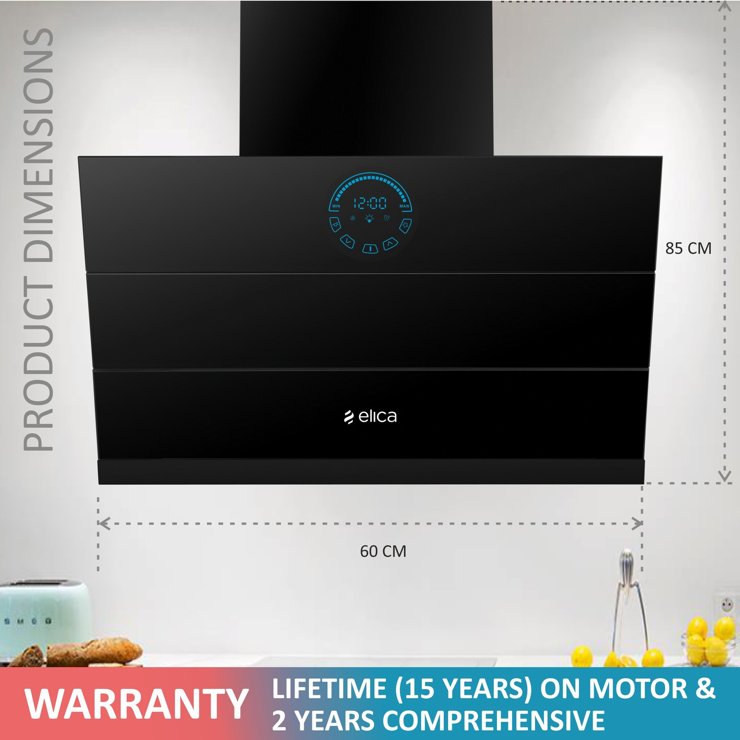 Image of Elica EFL 108 HAC LTW VMS 60 Auto Clean Wall Mounted Black 1350 CMH Chimney