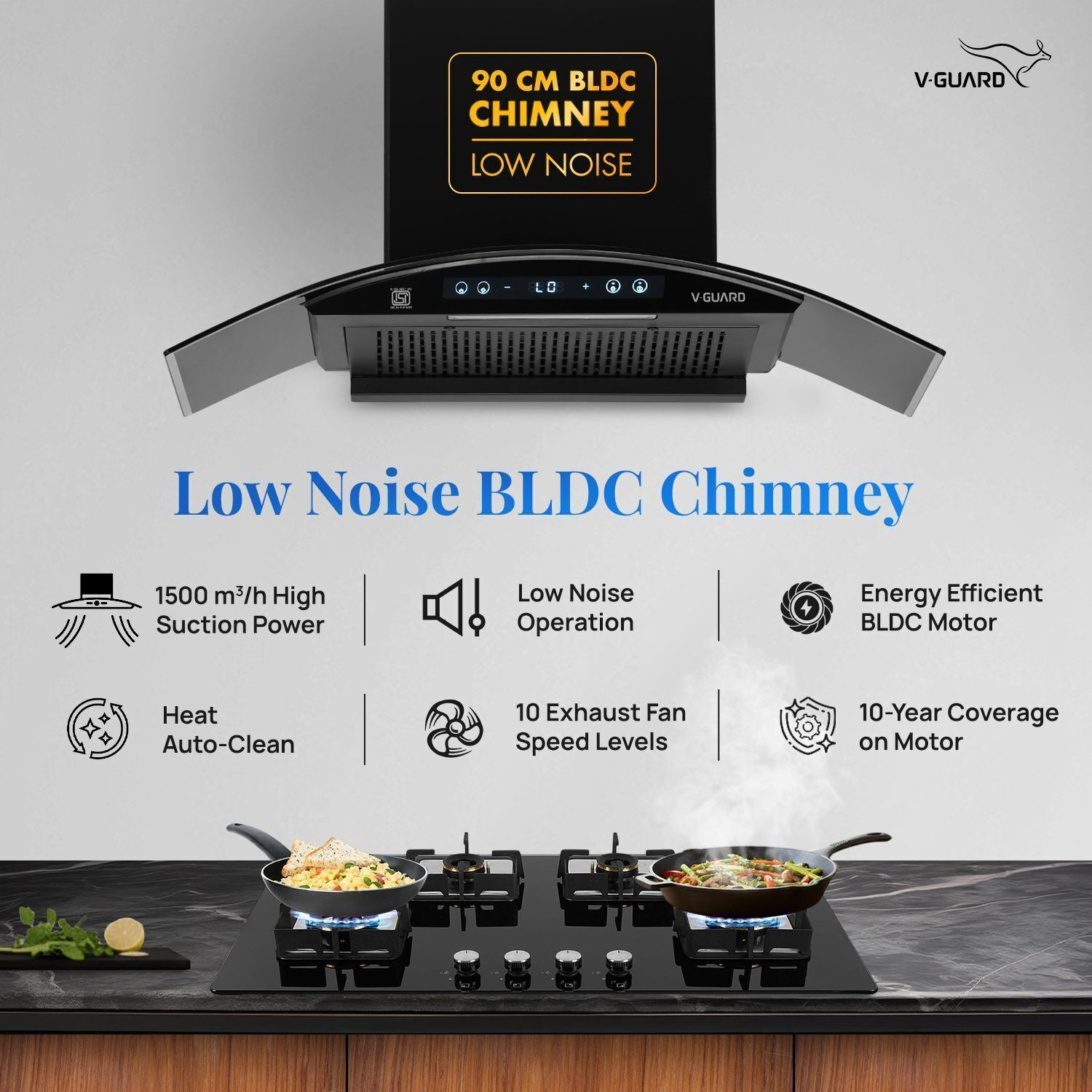 Image of V-Guard BX 90 BLDC 90 cm 1500 CMH 90 cm Auto Clean Chimney