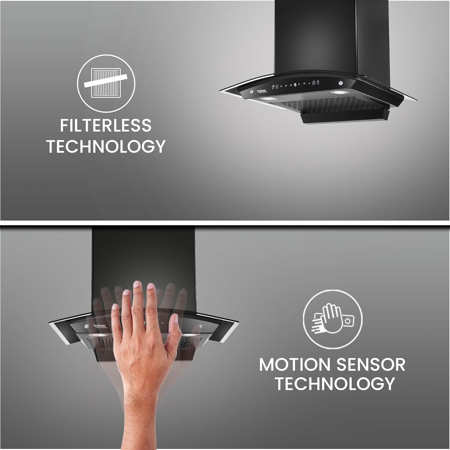 Image of Hindware Smart Appliances Ripple Neo 60 IN 1200 CMH 60 cm | Curved | Filterless | Touch Control | Motion Sensor | Energy Efficient LED Light | Powerful Suction | Auto Clean Chimney