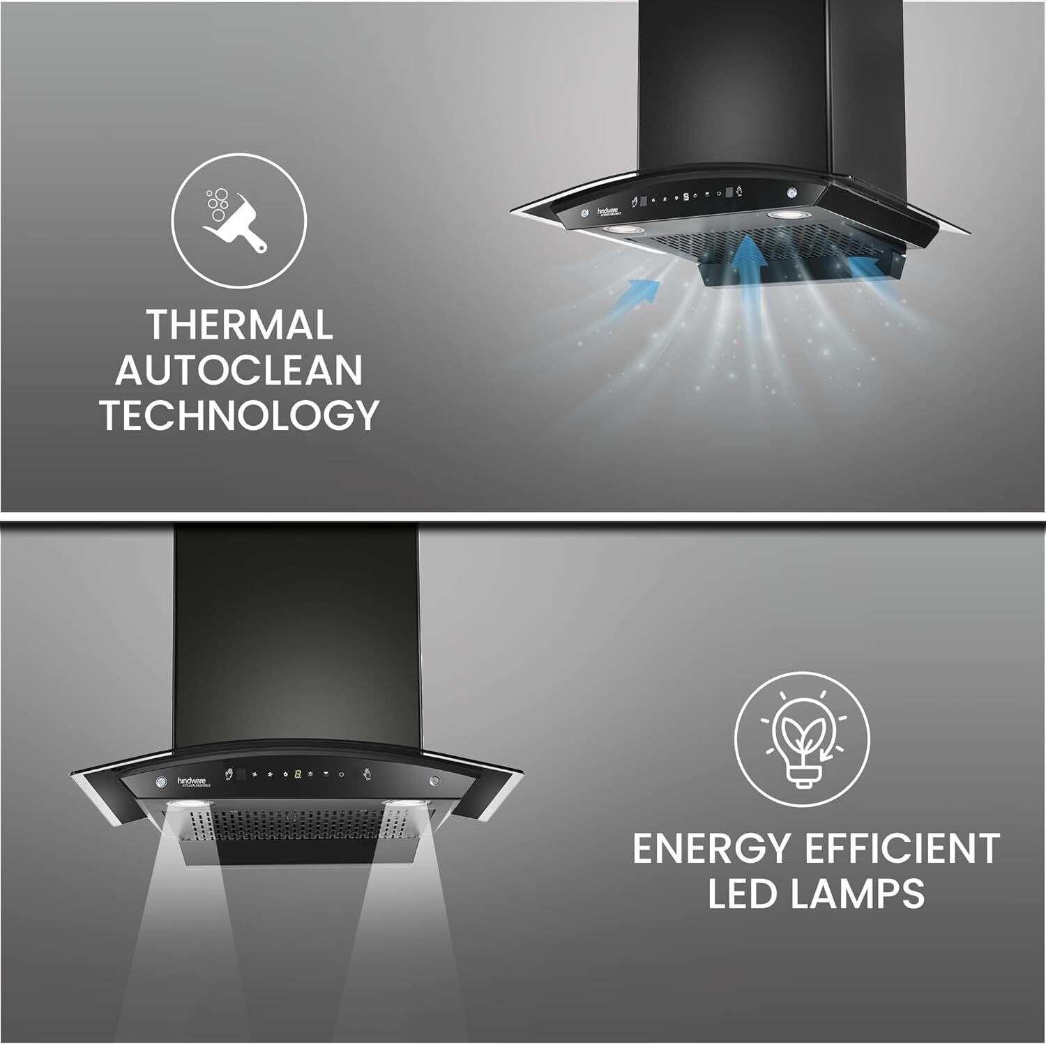 Image of Hindware Smart Appliances Ripple Neo 60 IN 1200 CMH 60 cm | Curved | Filterless | Touch Control | Motion Sensor | Energy Efficient LED Light | Powerful Suction | Auto Clean Chimney