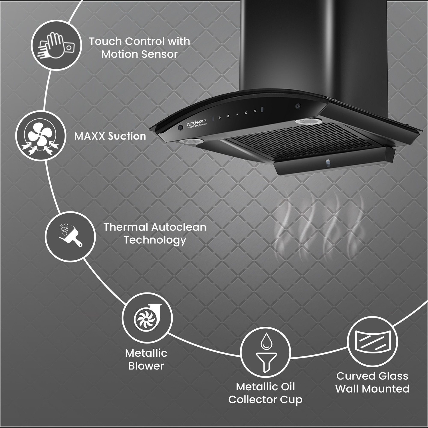 Image of Hindware Smart Appliances Ripple Blk Plus Autoclean 60 IN Auto Clean | Curved Glass | Filterless | Touch Control | Motion Sensor | 10 Years Motor Warranty | Energy Efficient LED Light | Powerful Suction | Wall Mounted Black 1500 CMH Chimney