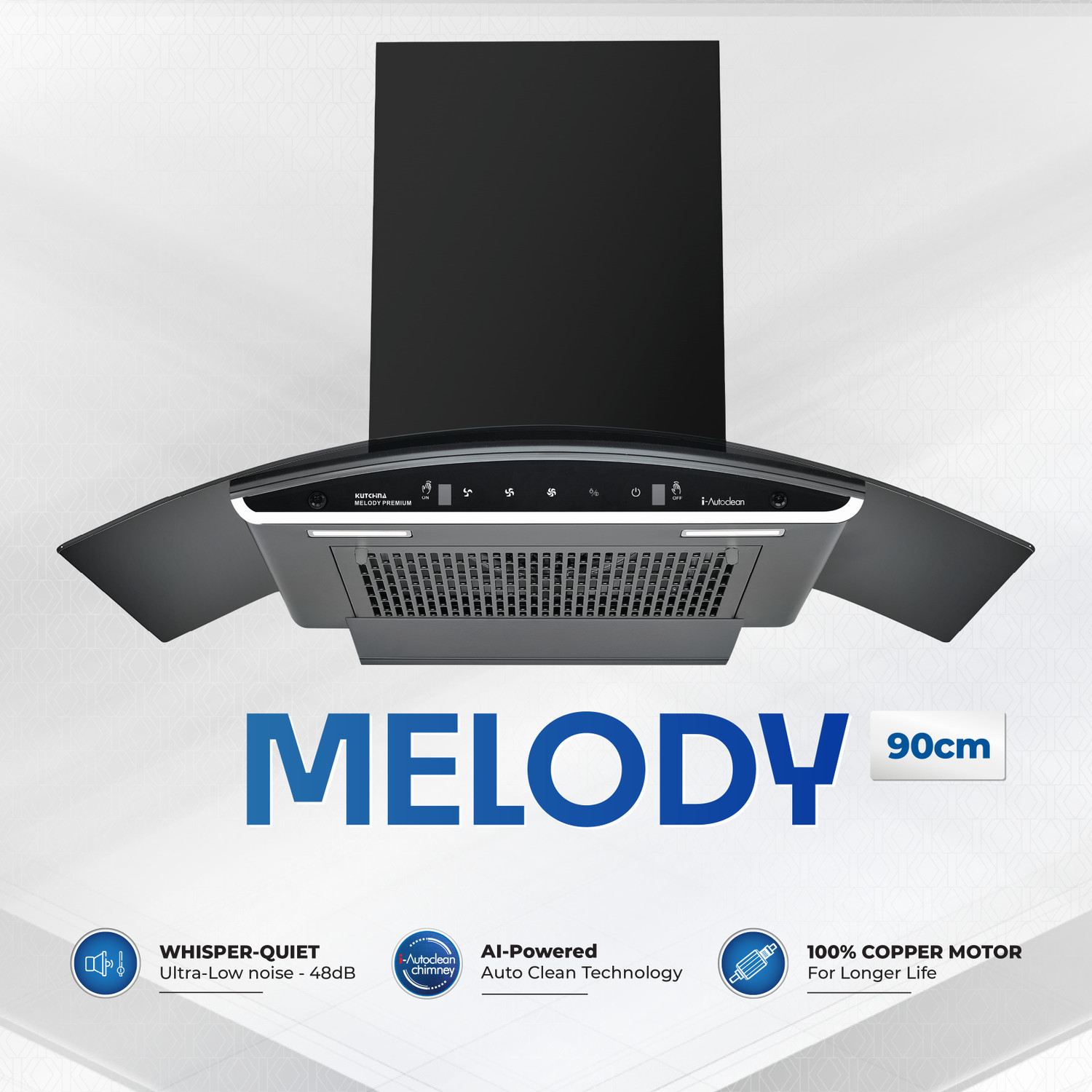 Image of Kutchina Melody 90 1500 CMH 90 cm Motion Sensor Control Touch Control Auto Clean Powerful suction Low Noise Auto Clean Chimney