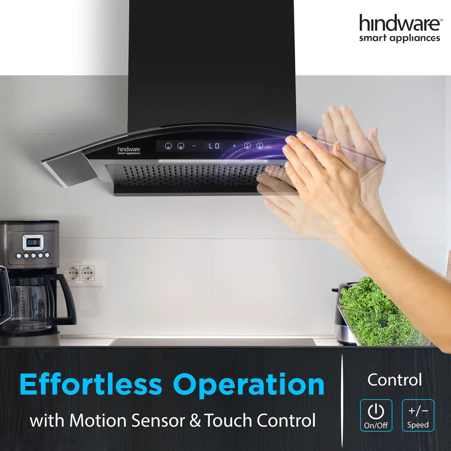 Image of Hindware Smart Appliances Ripple Neo BLDC 75 IN 1400 CMH 75 cm | Curved | Filterless | Touch Control | Motion Sensor | Energy Efficient LED Light | Powerful Suction | Auto Clean Chimney