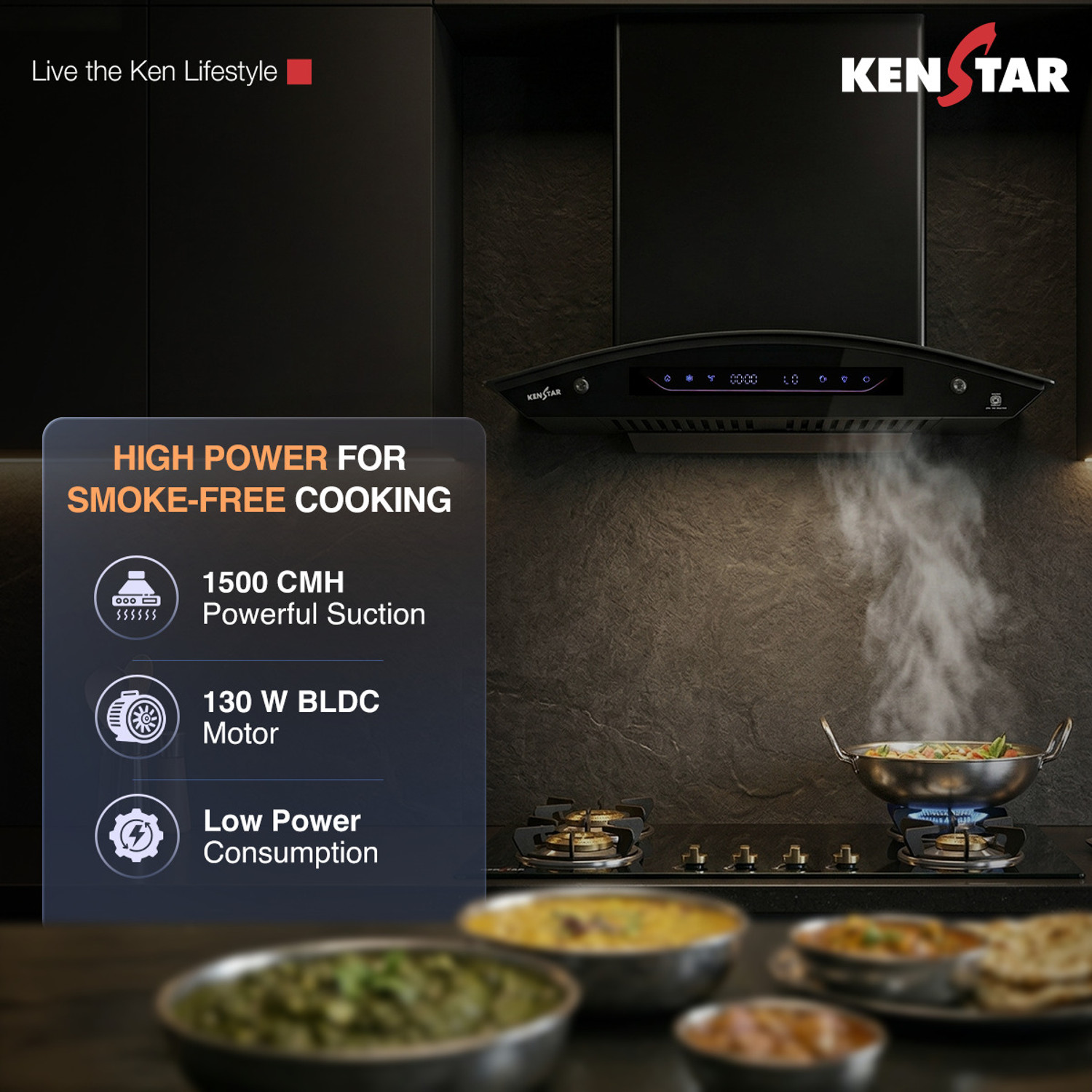 Image of Kenstar AeroGlide BLDC CURVE 60 CM 1500 CMH 60 cm Filterless Auto-clean Chimney With BLDC Motor 10 Speed Touch & Gesture Control Powerful Suction Low Noise Auto Clean Chimney