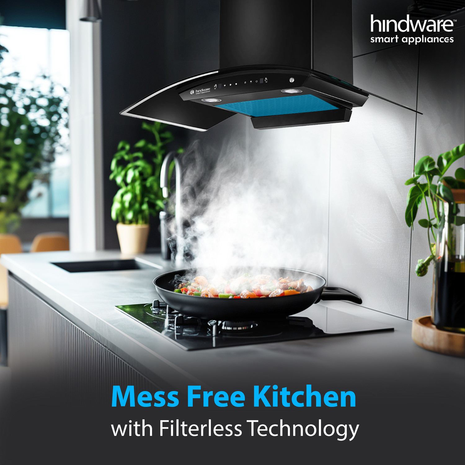 Image of Hindware Smart Appliances Ripple Neo 90 IN 1200 CMH 90 cm | Curved | Filterless | Touch Control | Motion Sensor | Energy Efficient LED Light | Powerful Suction | Auto Clean Chimney
