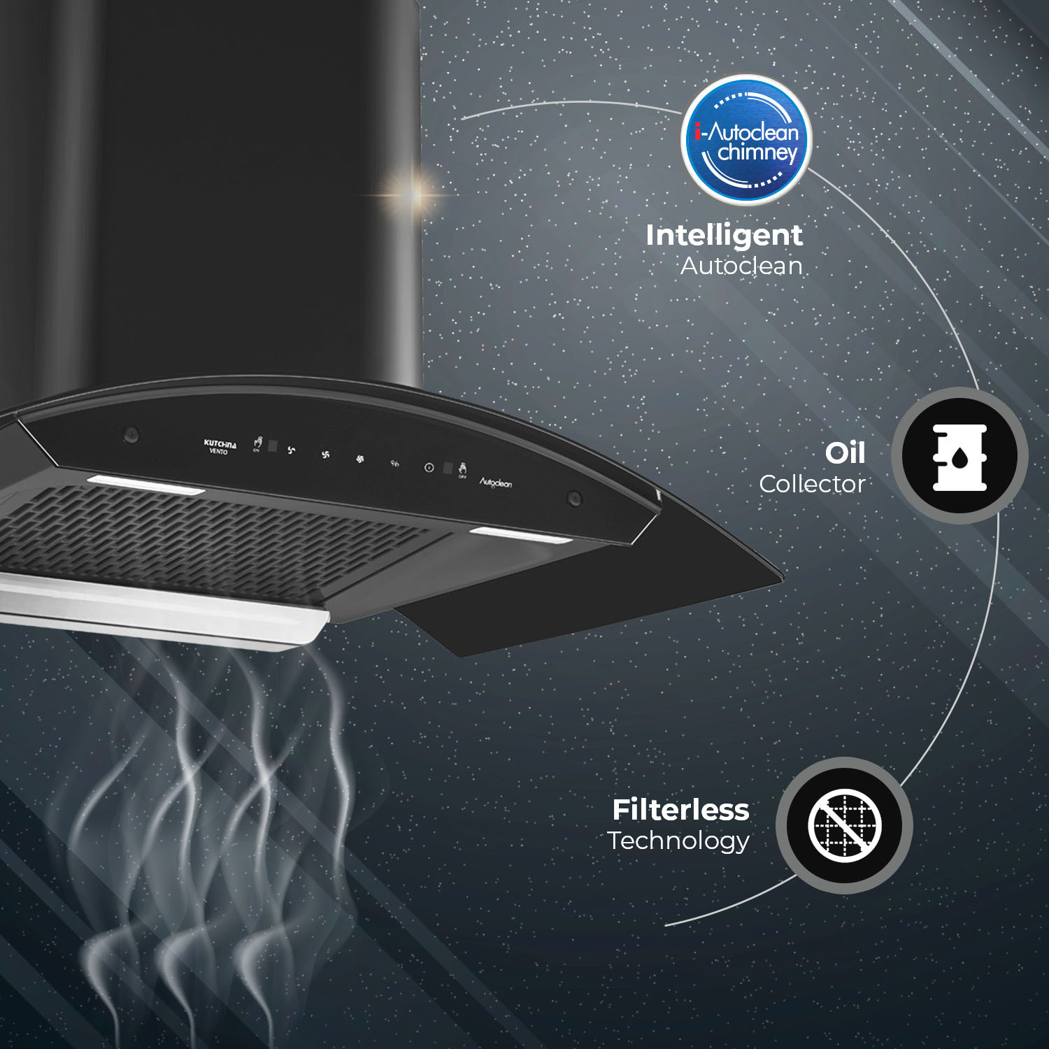 Image of Kutchina Vento 75 1400 CMH 75 cm Motion Sensor Control Touch Control Auto Clean Powerful suction Low Noise Auto Clean Chimney