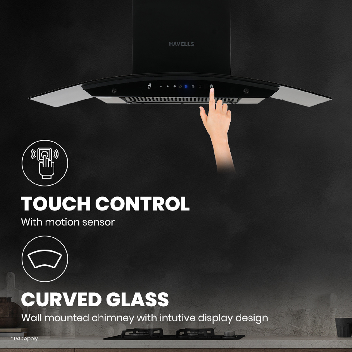 Image of HAVELLS Polaris lite 60, Curved Shape 60 cm, BLDC, Autoclean Chimney 1500 CMH 60 cm Auto Clean Chimney
