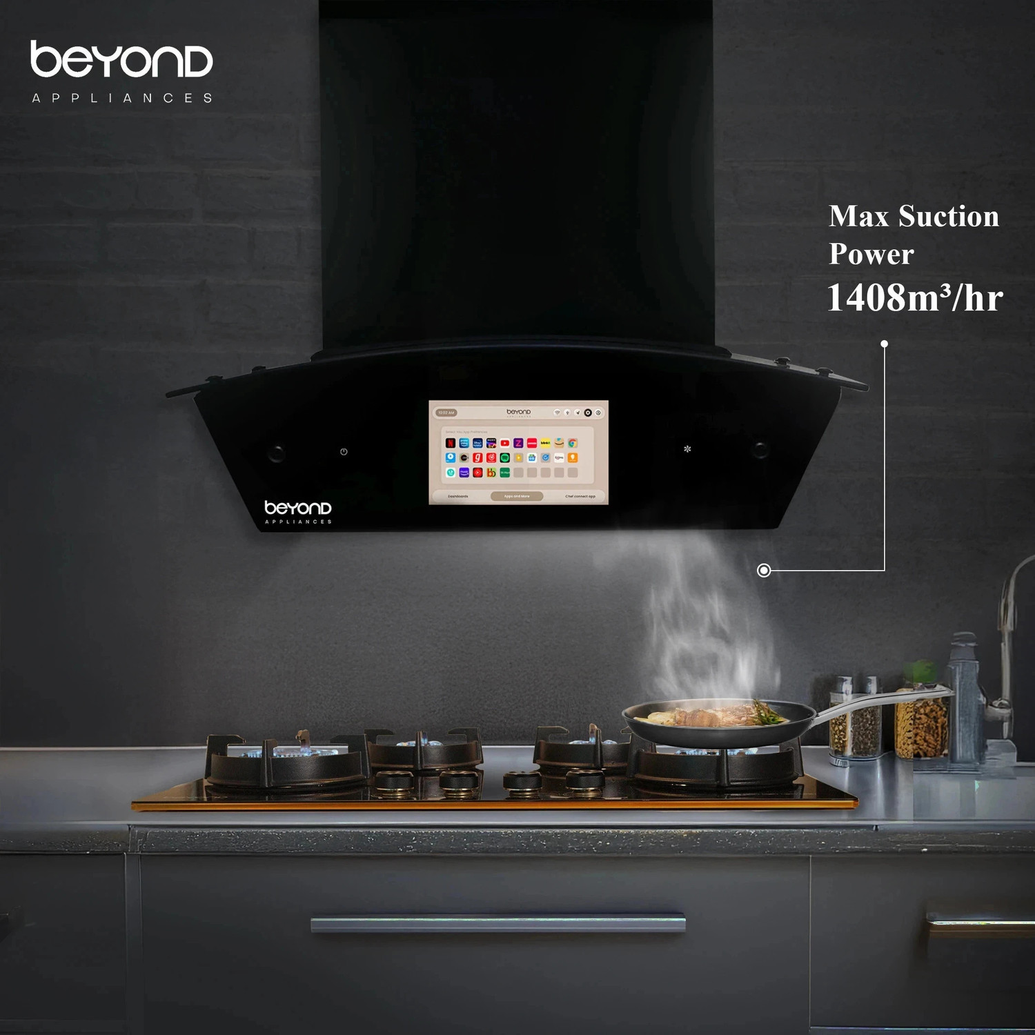 Image of Beyond Appliances Asteria 60cm Android Chimney Filter-Less Auto Clean Filterless |Smart Screen & Speaker | Touch Control | Android Chimney Wall Mounted Black 1408 CMH Chimney
