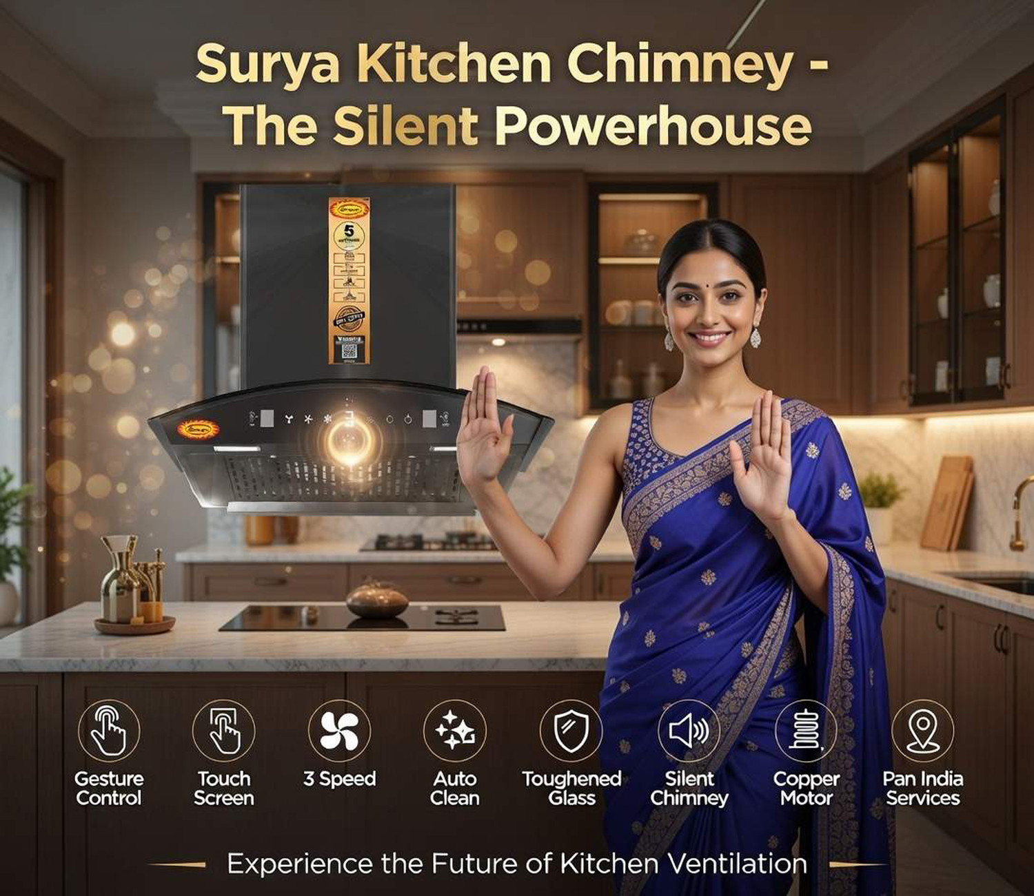 Image of SURYA Venice-DL Ductless Plug&Play 1400 CMH 60 cm Auto Clean Chimney