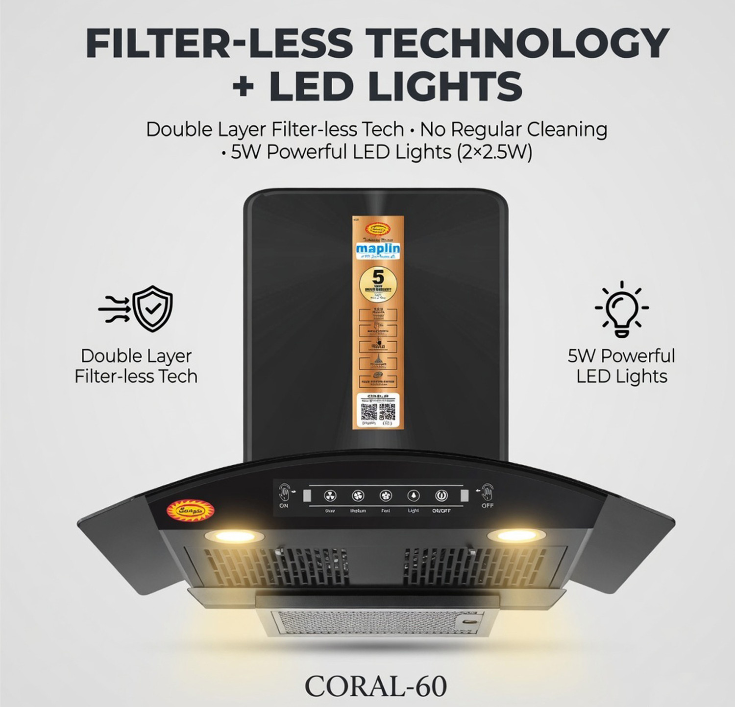 Image of SURYA Coral 60 1500 CMH 60 cm Curve Shape Filterless Powerful Suction Low Noise 3 Speed Motor Auto Clean Chimney