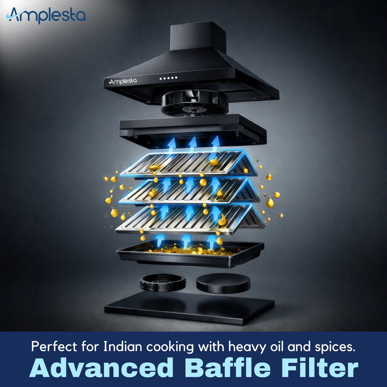 Image of Amplesta AirNova-Pyramid shaped 1150cmh chimney with Baffle Filters 1200 CMH 60 cm Chimney