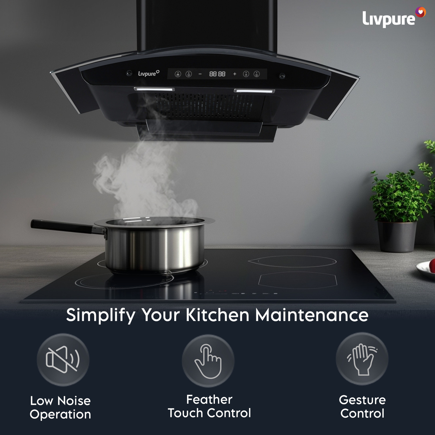 Image of LIVPURE LIV-INVICTO-75-FL-BLDC-HAC Auto Clean Filterless Auto-clean Chimney With BLDC Motor | 9 Speed With RPM Display |Touch & Gesture Control | Powerful Suction | Low Noise Wall Mounted Black 1400 CMH Chimney