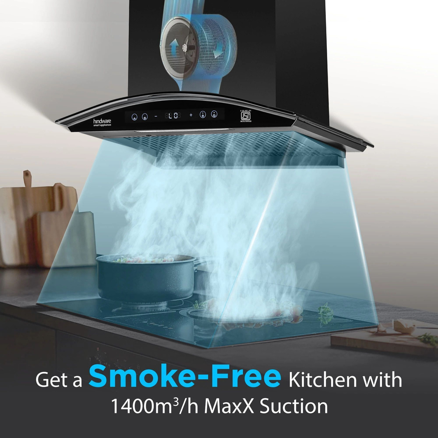 Image of Hindware Smart Appliances Ripple Neo BLDC 60 IN 1400 CMH 60 cm | Curved | Filterless | Touch Control | Motion Sensor | Energy Efficient LED Light | Powerful Suction | Auto Clean Chimney
