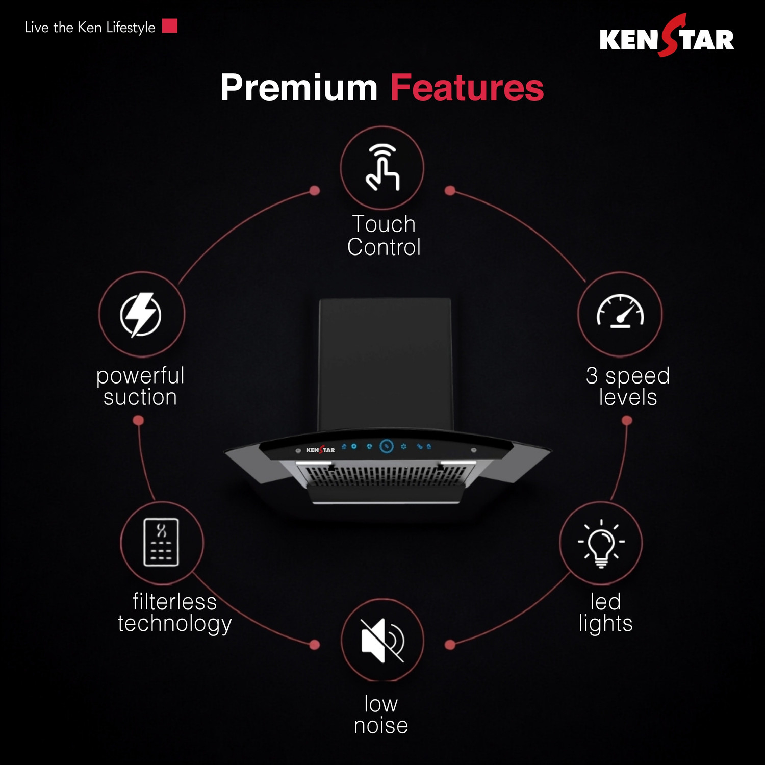 Image of Kenstar Smoke Zero 90 1200 CMH 90 cm | Curved Glass | Filterless | 3 Speed Motion Sensor with Touch Controls | Powerful Suction | Outer Oil Collector | Energy Saving LED Lights | Auto Clean Chimney