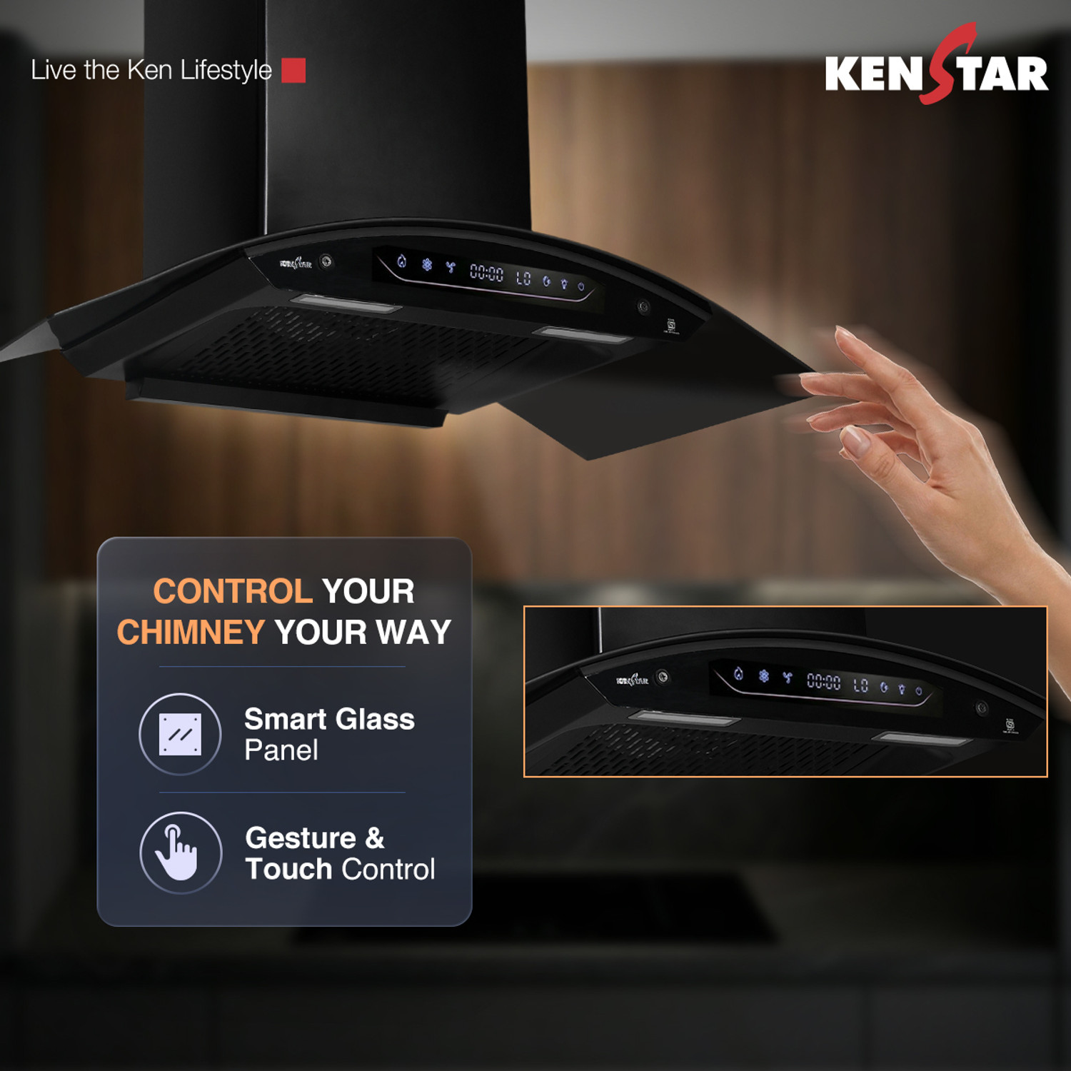 Image of Kenstar AeroGlide BLDC CURVE 90 CM 1500 CMH 90 cm Filterless Auto-clean Chimney With BLDC Motor 10 Speed Touch & Gesture Control Powerful Suction Low Noise Auto Clean Chimney