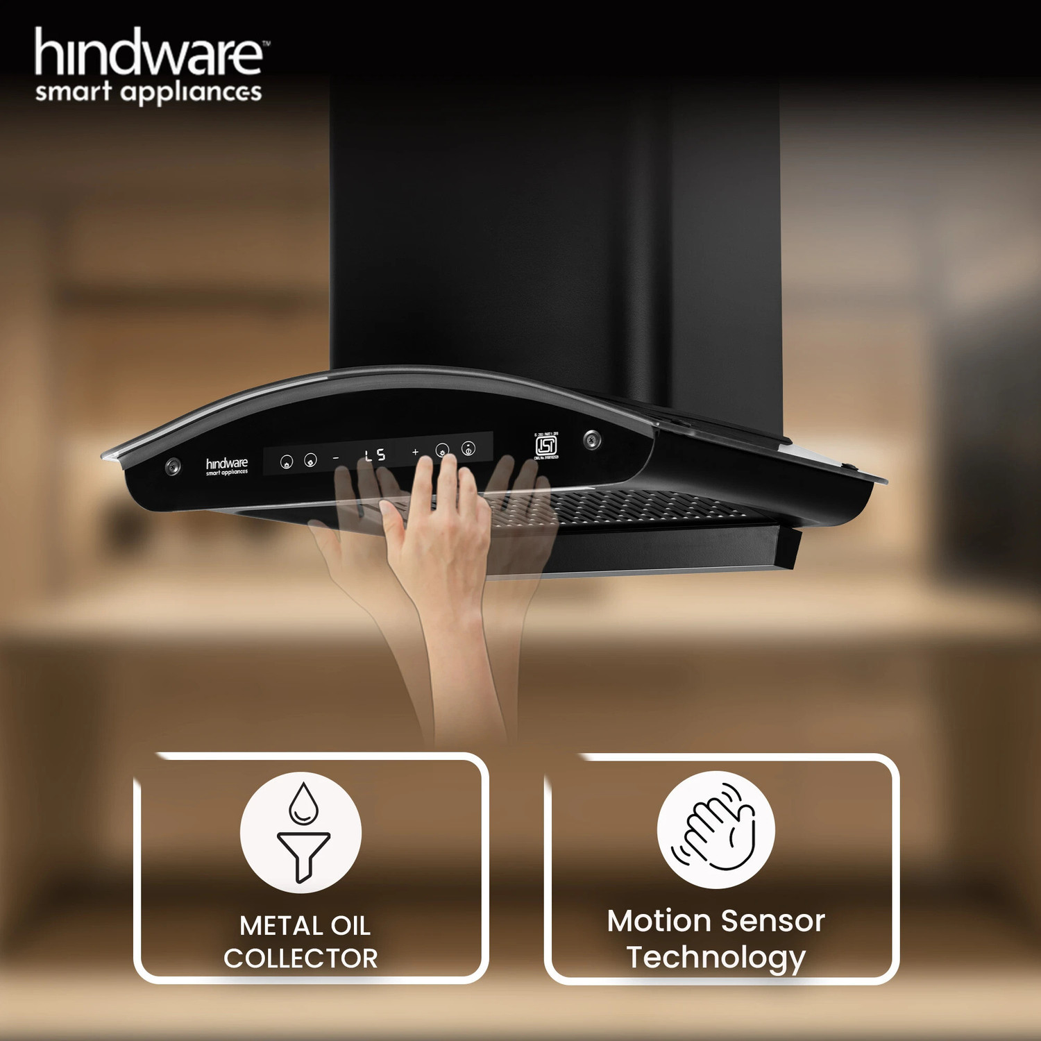 Image of Hindware Smart Appliances Alexio Plus BLDC 60CM Auto Clean | Curved Glass | Filterless | Touch Control, Motion Sensor | Energy Efficient LED Light | Powerful Suction | Wall Mounted Black 1450 CMH Chimney