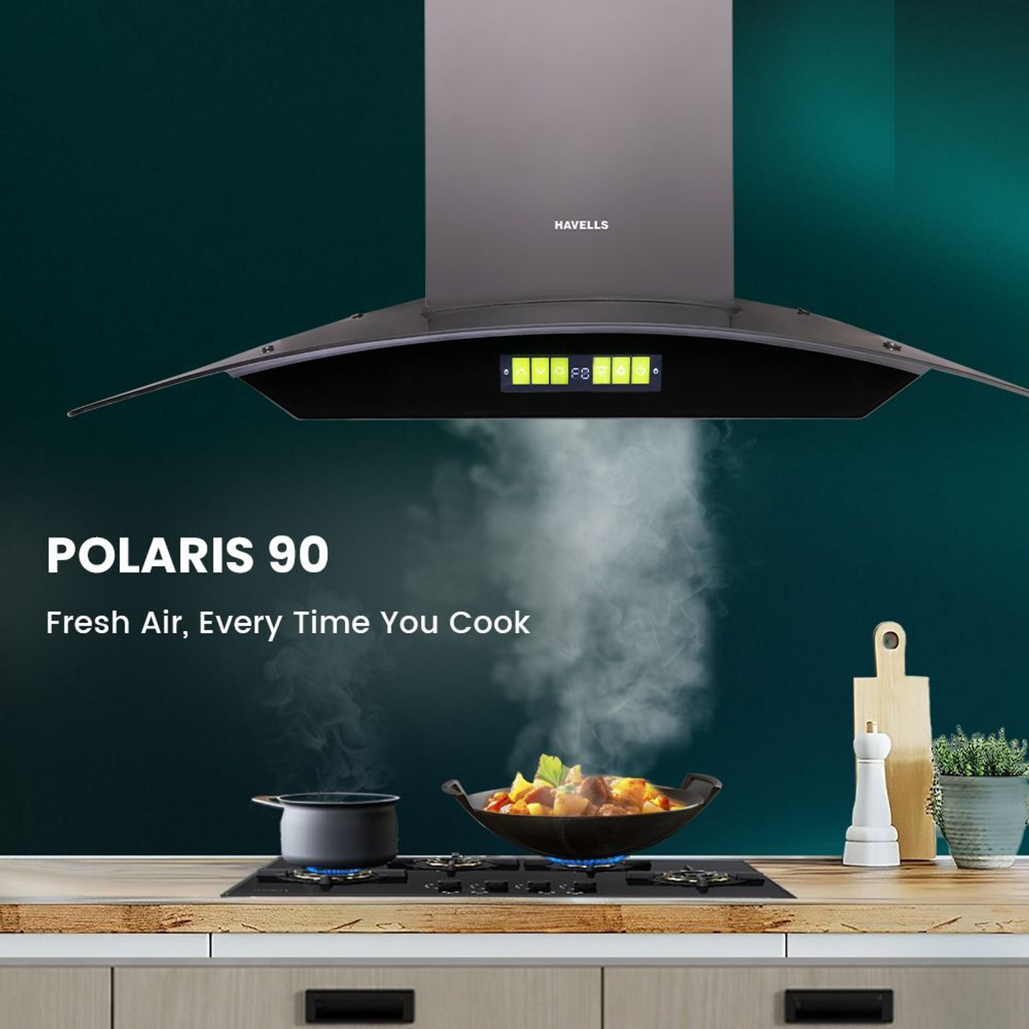 Image of HAVELLS Polaris BLDC 90cm Curved Glass Kitchen Chimney 1600 CMH 56.5 cm Auto Clean Chimney