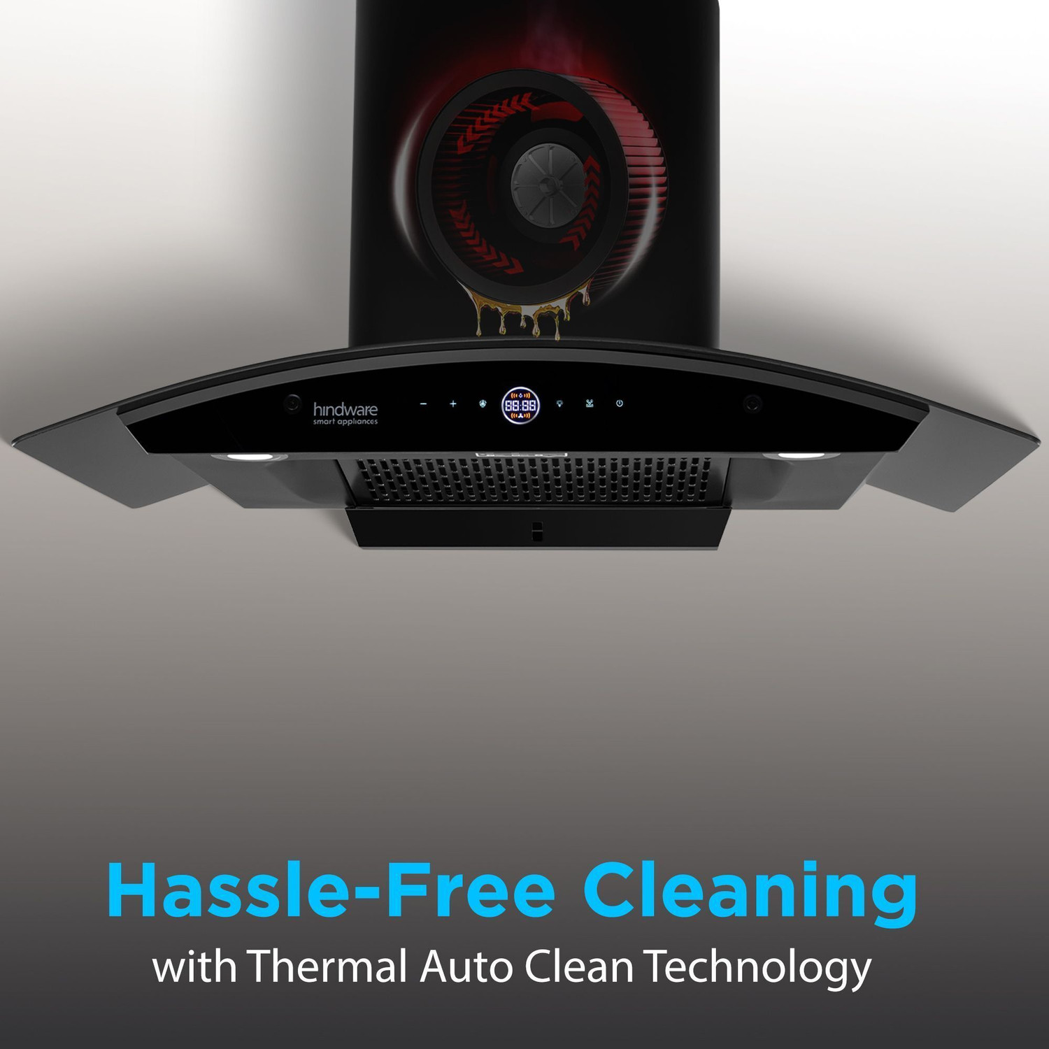 Image of Hindware Smart Appliances Ripple Plus BLDC Autoclean 90 IN Auto Clean | Curved Glass | Filterless | Touch Control | Energy Efficient LED Light | Powerful Suction | Wall Mounted Black 1600 CMH Chimney