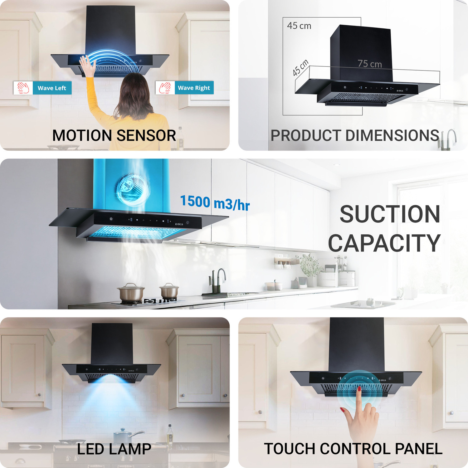 Image of Elica FLAT FL 750 HAC LTW MS NERO 1500 CMH 75 cm Auto Clean Chimney