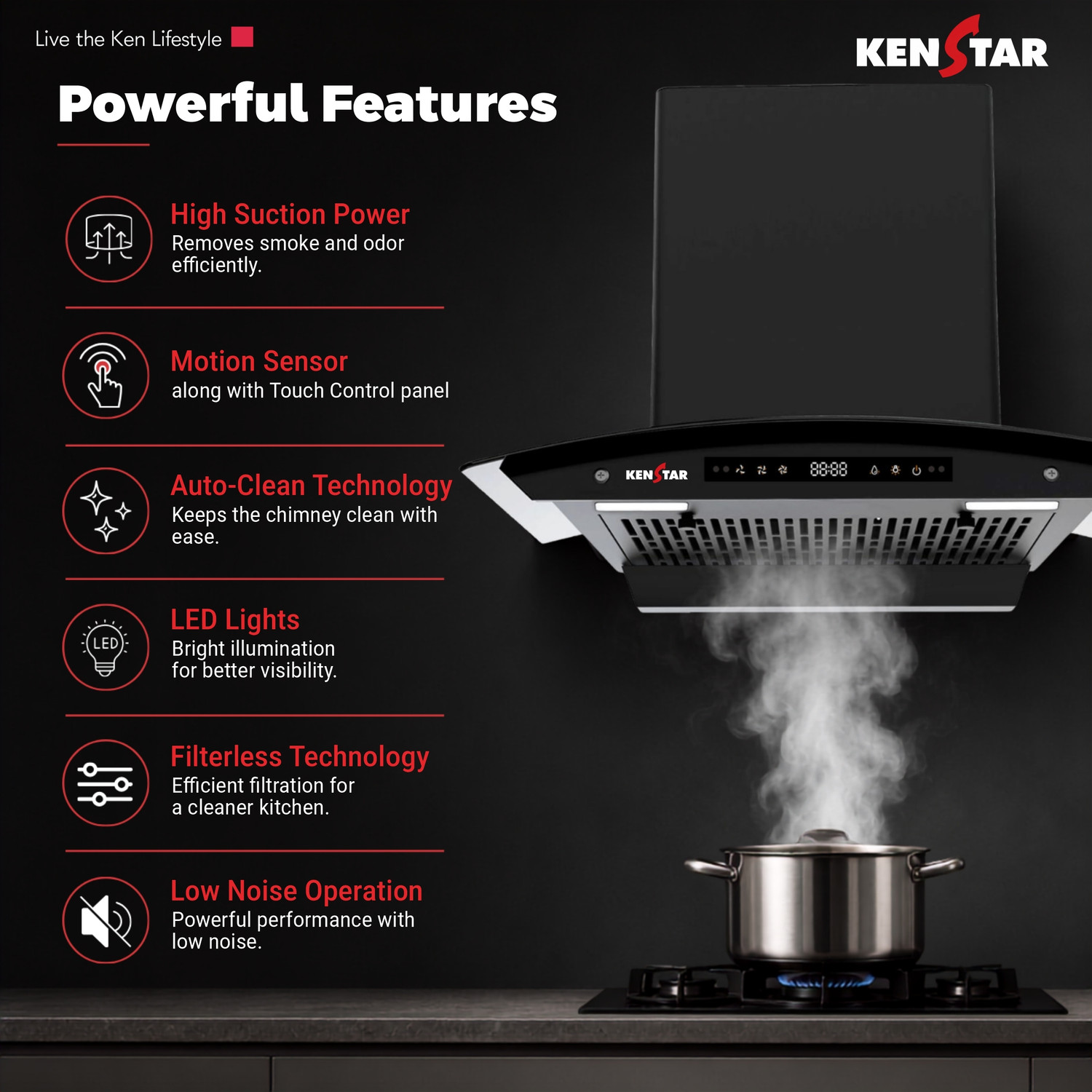 Image of Kenstar Breath Pro 60 1500 CMH 60 cm | BLDC Motor | Curved Glass | Filterless | 9 Speed Motion Sensor with Touch Controls | Powerful Suction | Outer Oil Collector| Energy Saving LED Lights | Auto Clean Chimney