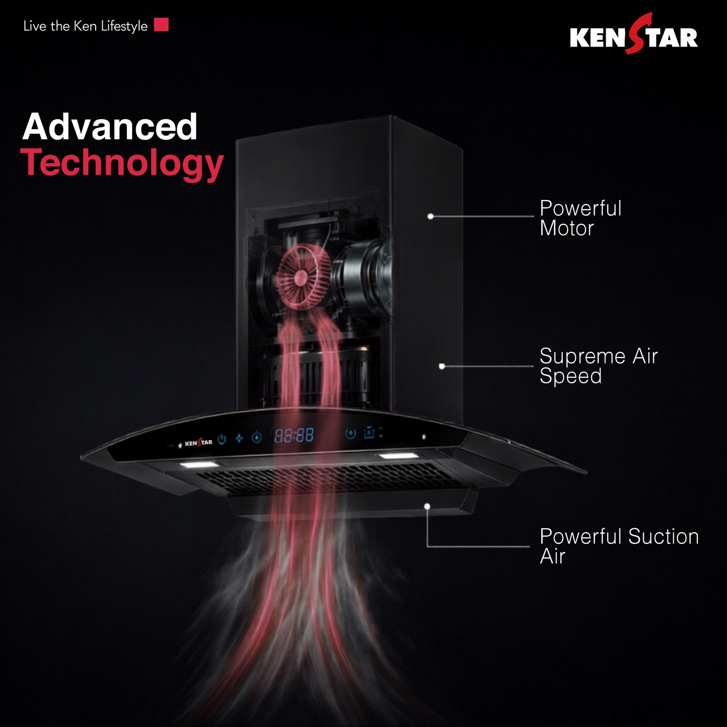 Image of Kenstar Smoke Zero 90 1200 CMH 90 cm | Curved Glass | Filterless | 3 Speed Motion Sensor with Touch Controls | Powerful Suction | Outer Oil Collector | Energy Saving LED Lights | Auto Clean Chimney
