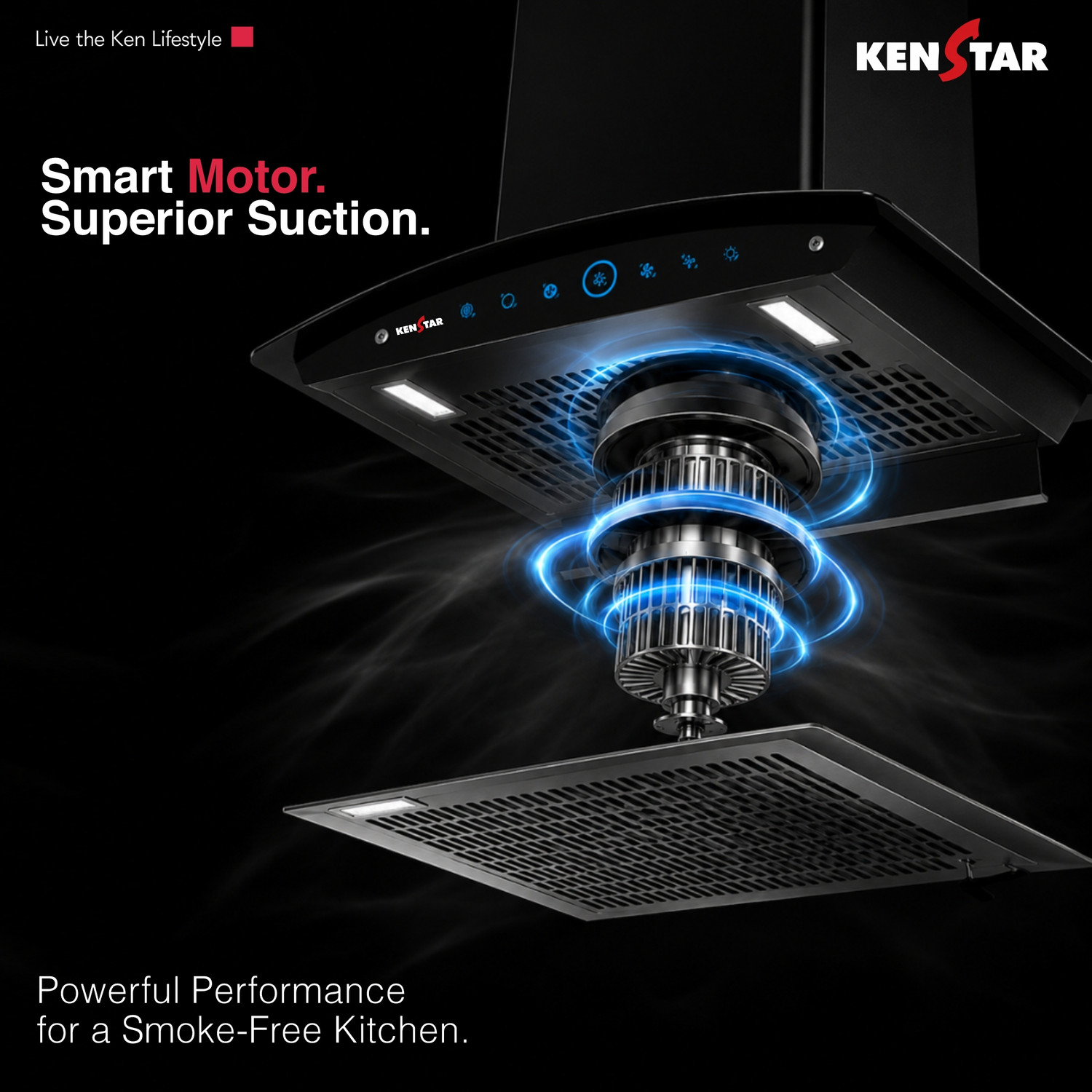 Image of Kenstar Smoke Zero 60 1300 CMH 60 cm | Curved Glass | Filterless | 3 Speed Motion Sensor with Touch Controls | Powerful Suction | Outer Oil Collector | Energy Saving LED Lights | Auto Clean Chimney