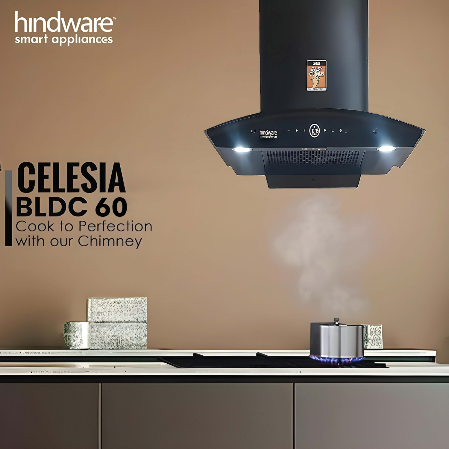 Image of Hindware CELESIA BLDC 60CM 1600CMH; ENERGY EFFICENT MOTOR WITH MOTION SENSOR (YEAR 2025) Auto Clean Wall Mounted BLACK 1600 CMH Chimney