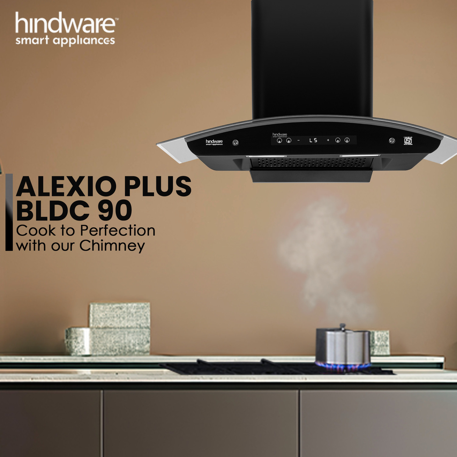 Image of Hindware Smart Appliances Alexio Plus BLDC 90CM Auto Clean | Curved Glass | Filterless | Touch Control, Motion Sensor | Energy Efficient LED Light | Powerful Suction | Wall Mounted Black 1450 CMH Chimney