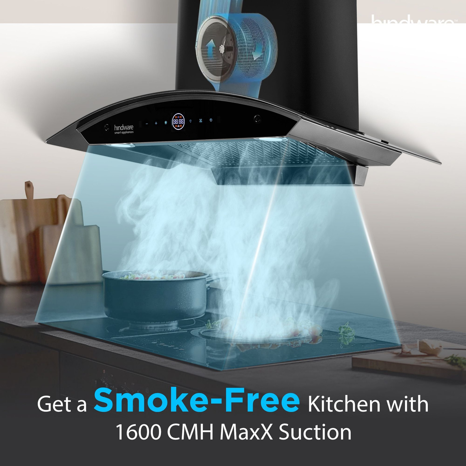 Image of Hindware Smart Appliances Ripple Plus BLDC Autoclean 75 IN Auto Clean | Curved Glass | Filterless | Touch Control | Energy Efficient LED Light | Powerful Suction | Wall Mounted Black 1600 CMH Chimney