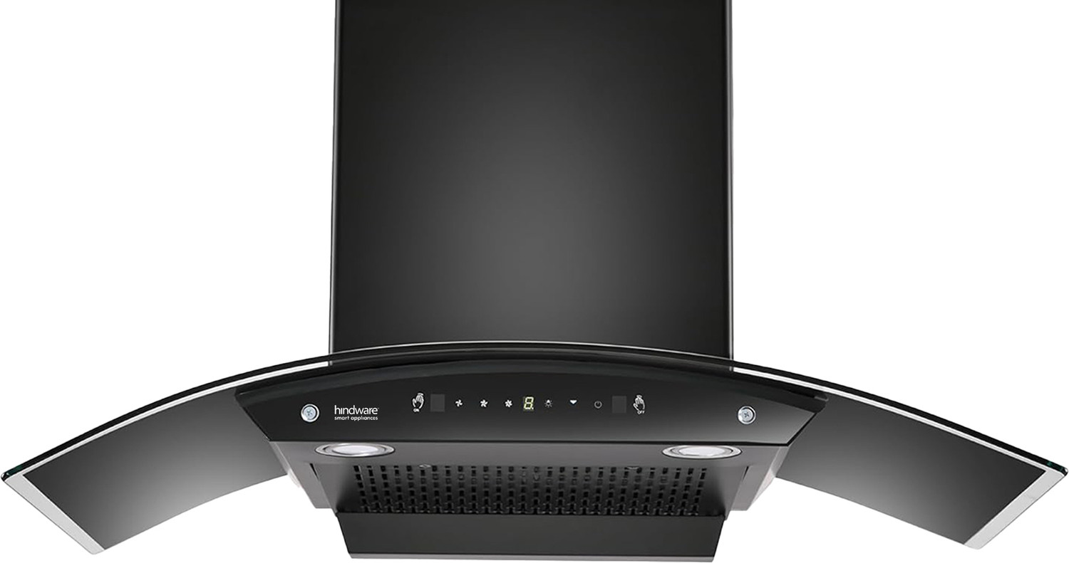 Image of Hindware Smart Appliances Ripple Neo 90 IN 1200 CMH 90 cm | Curved | Filterless | Touch Control | Motion Sensor | Energy Efficient LED Light | Powerful Suction | Auto Clean Chimney