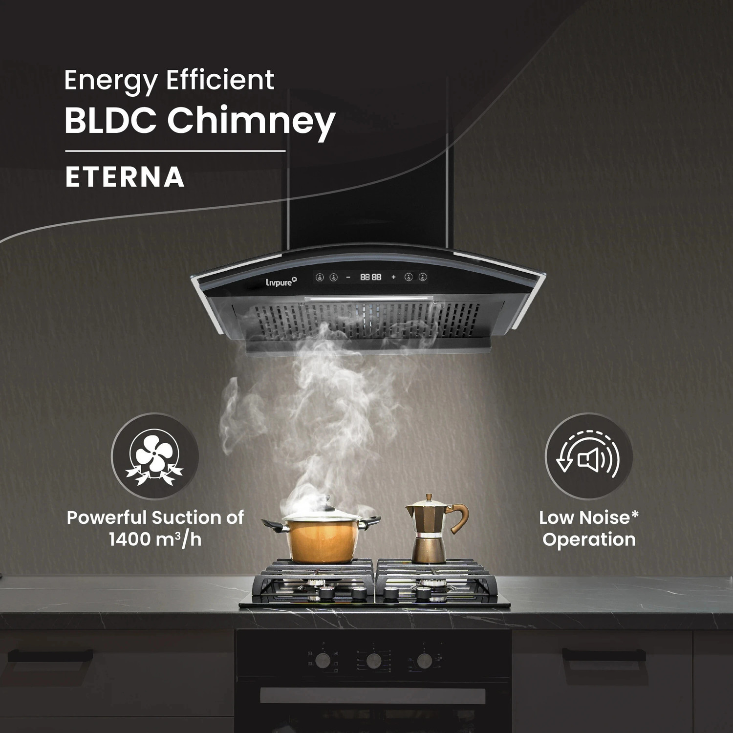 Image of LIVPURE ETERNA-BLDC-60-FL-HAC Auto Clean Wall Mounted Black 1400 CMH Chimney