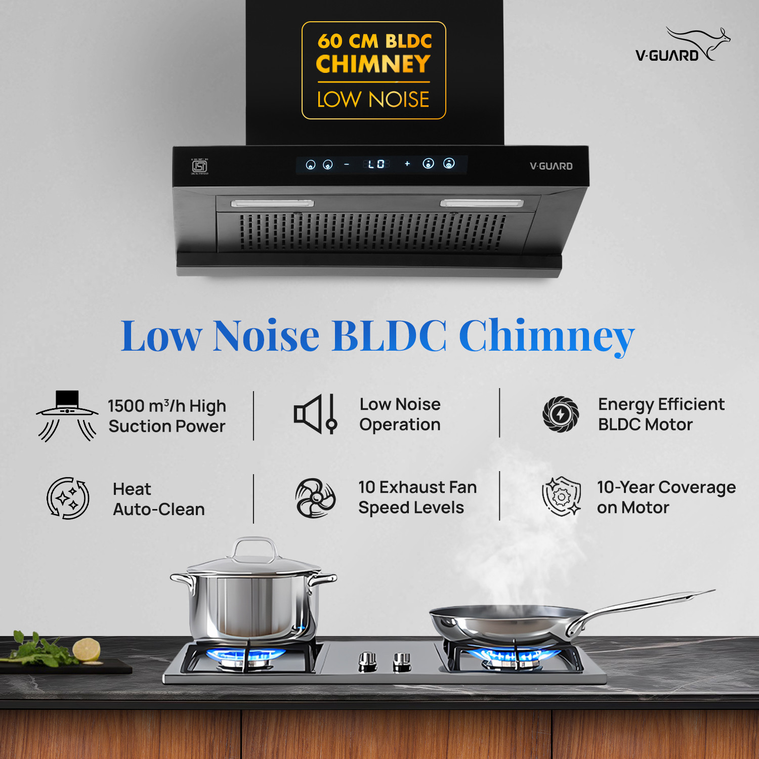 Image of V-Guard BT 60 BLDC 60 cm 1500 CMH 60 cm Auto Clean Chimney
