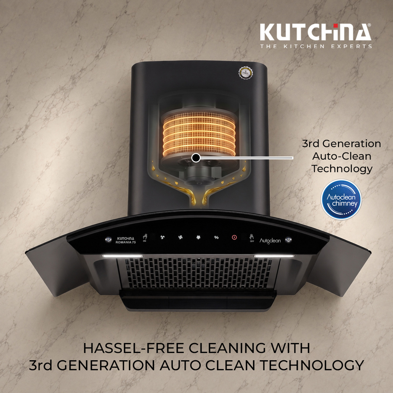 Image of Kutchina Romania 75 1300 CMH 75 cm Motion Sensor Control Touch Control Auto Clean Powerful suction Low Noise Auto Clean Chimney