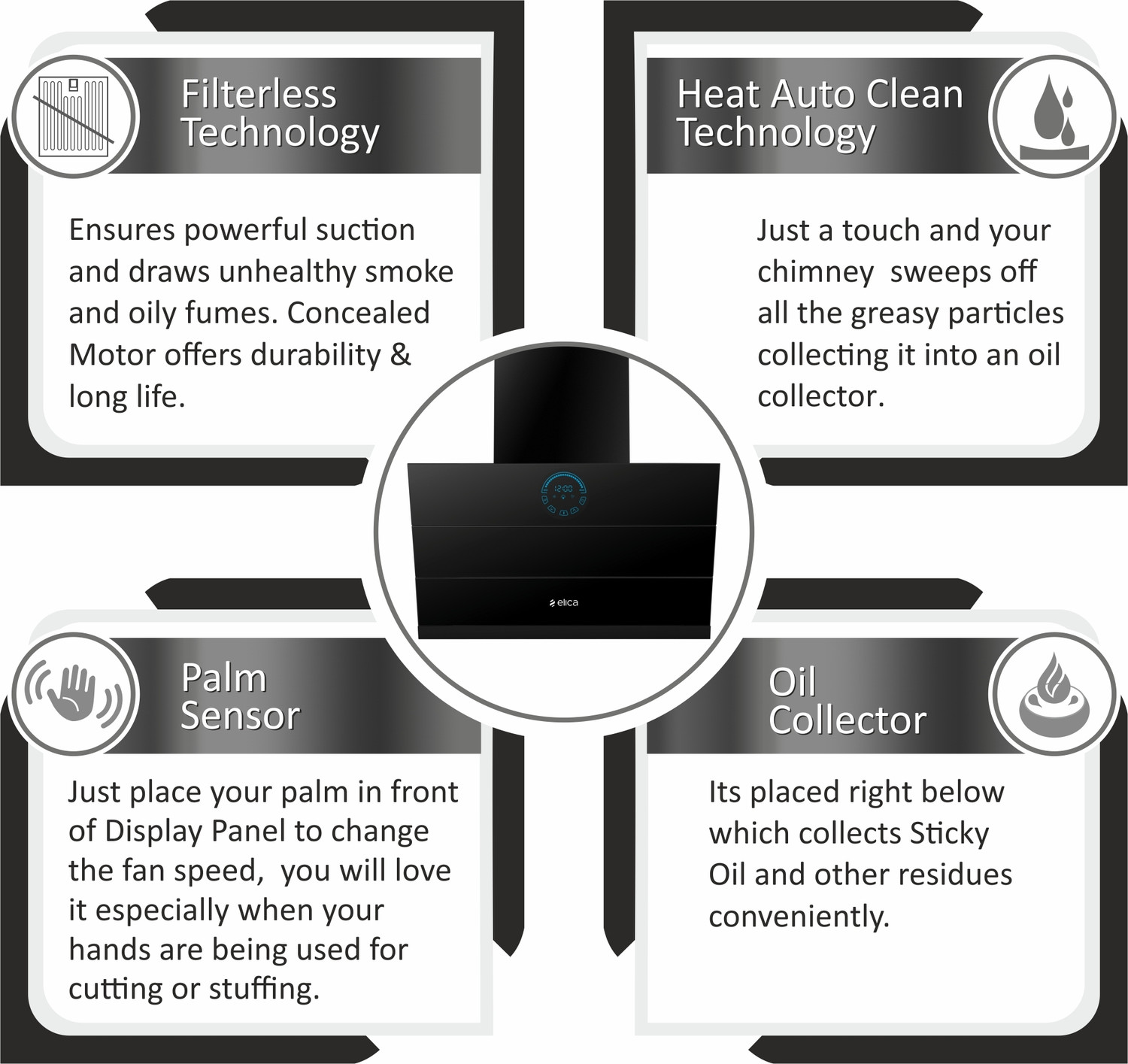 Image of Elica EFL 108 HAC LTW VMS 60 Auto Clean Wall Mounted Black 1350 CMH Chimney