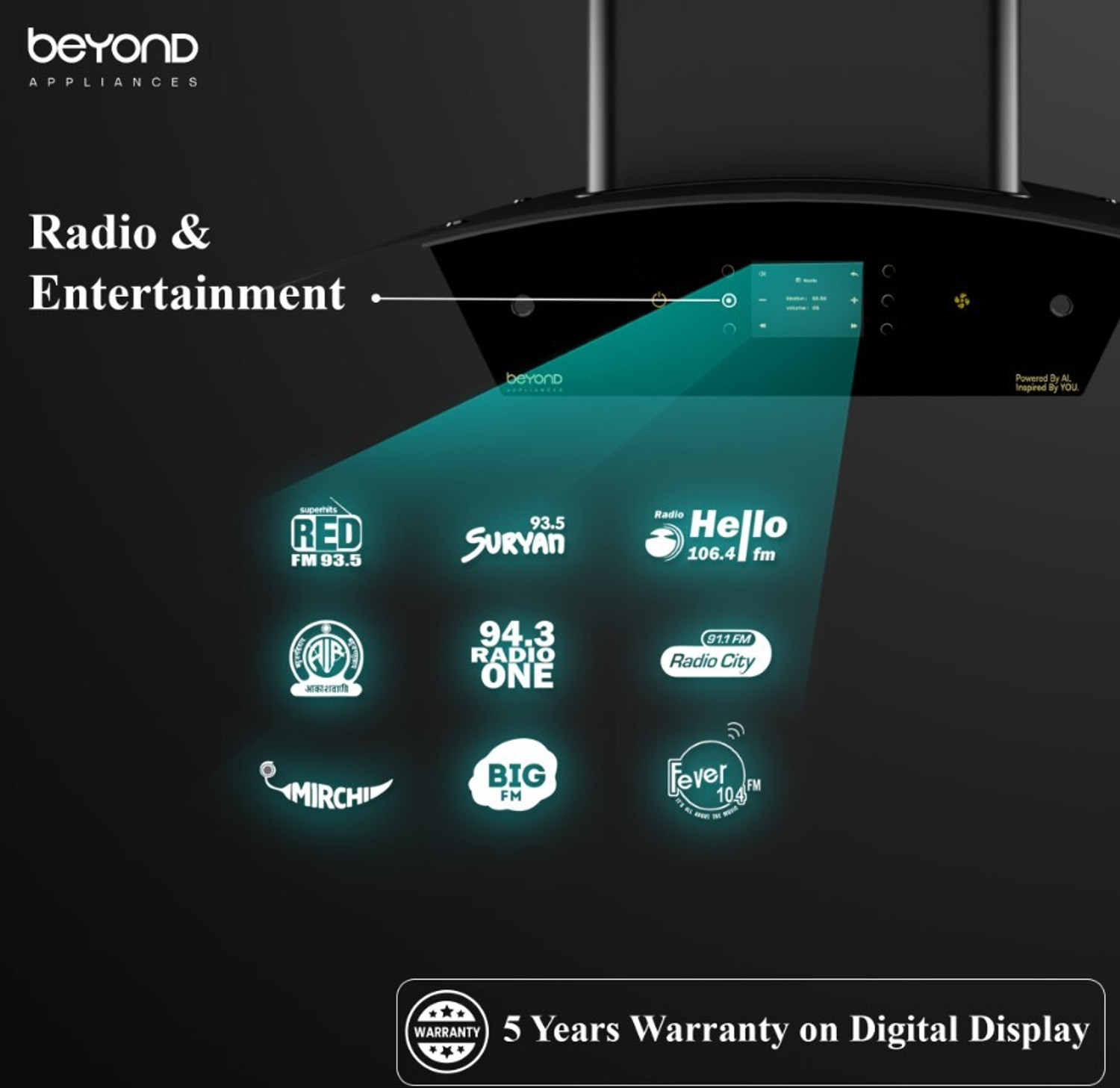 Image of Beyond Appliances Arista 90cm Smart Chimney 1408 CMH 90 cm Filterless |Motion Sensor & Speakers | Touch Control | Radio | Whistle Counter |AI Chimney Auto Clean Chimney