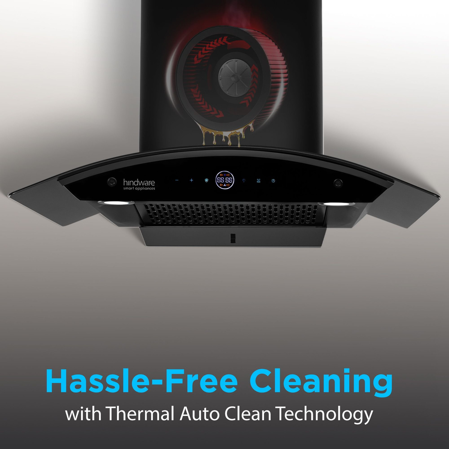 Image of Hindware Smart Appliances Ripple Plus BLDC Autoclean 75 IN Auto Clean | Curved Glass | Filterless | Touch Control | Energy Efficient LED Light | Powerful Suction | Wall Mounted Black 1600 CMH Chimney