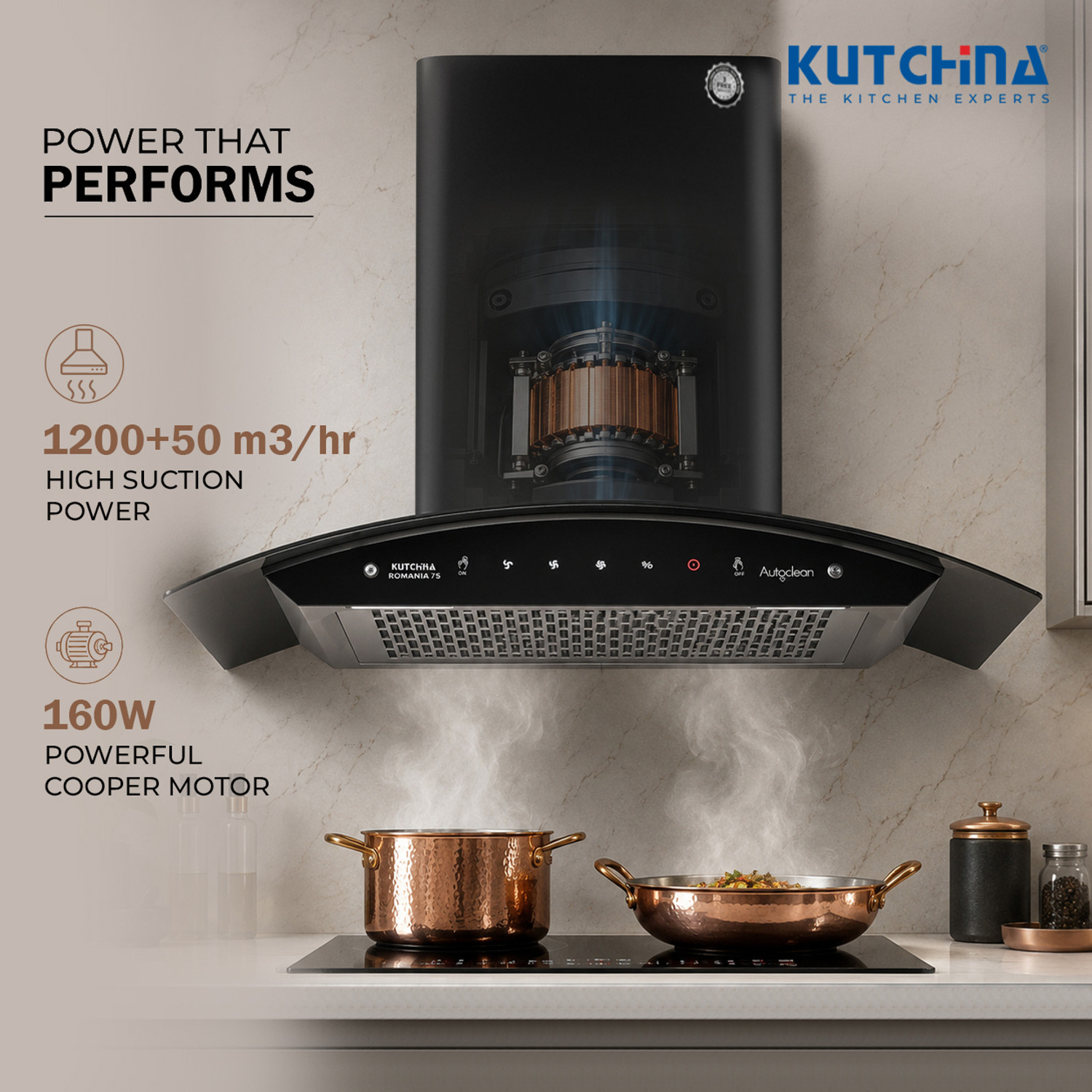 Image of Kutchina Romania 75 1300 CMH 75 cm Motion Sensor Control Touch Control Auto Clean Powerful suction Low Noise Auto Clean Chimney