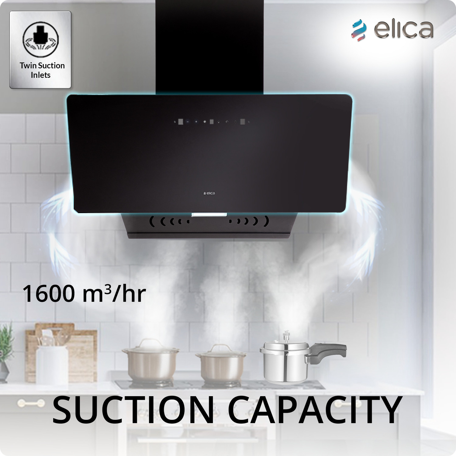 Image of Elica KITTY FL 900 BLDC HAC LTW MS NERO 1600 CMH 90 cm Auto Clean Chimney