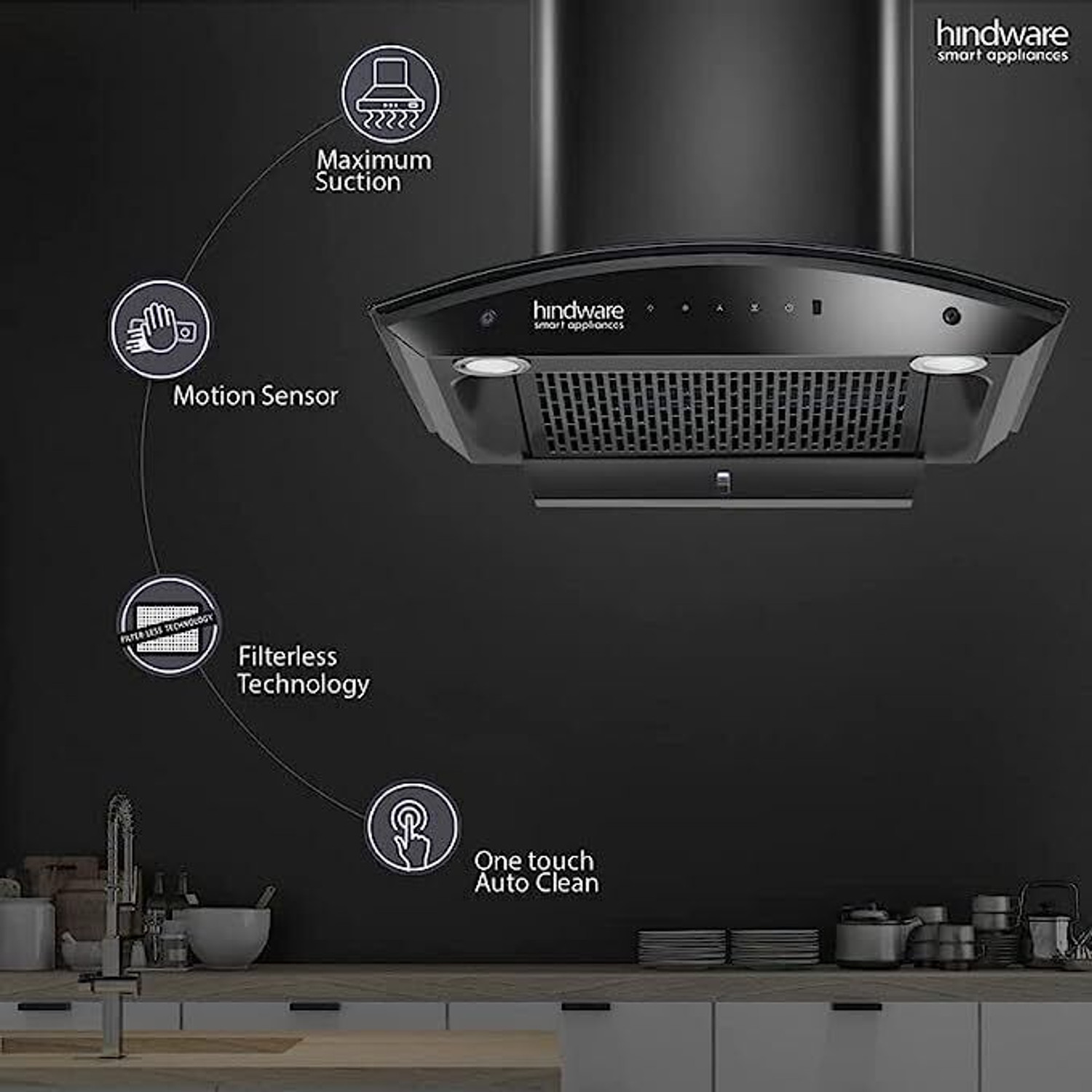 Image of Hindware Divina Black 60 cm Auto Clean Wall Mounted Black 1200 CMH Chimney