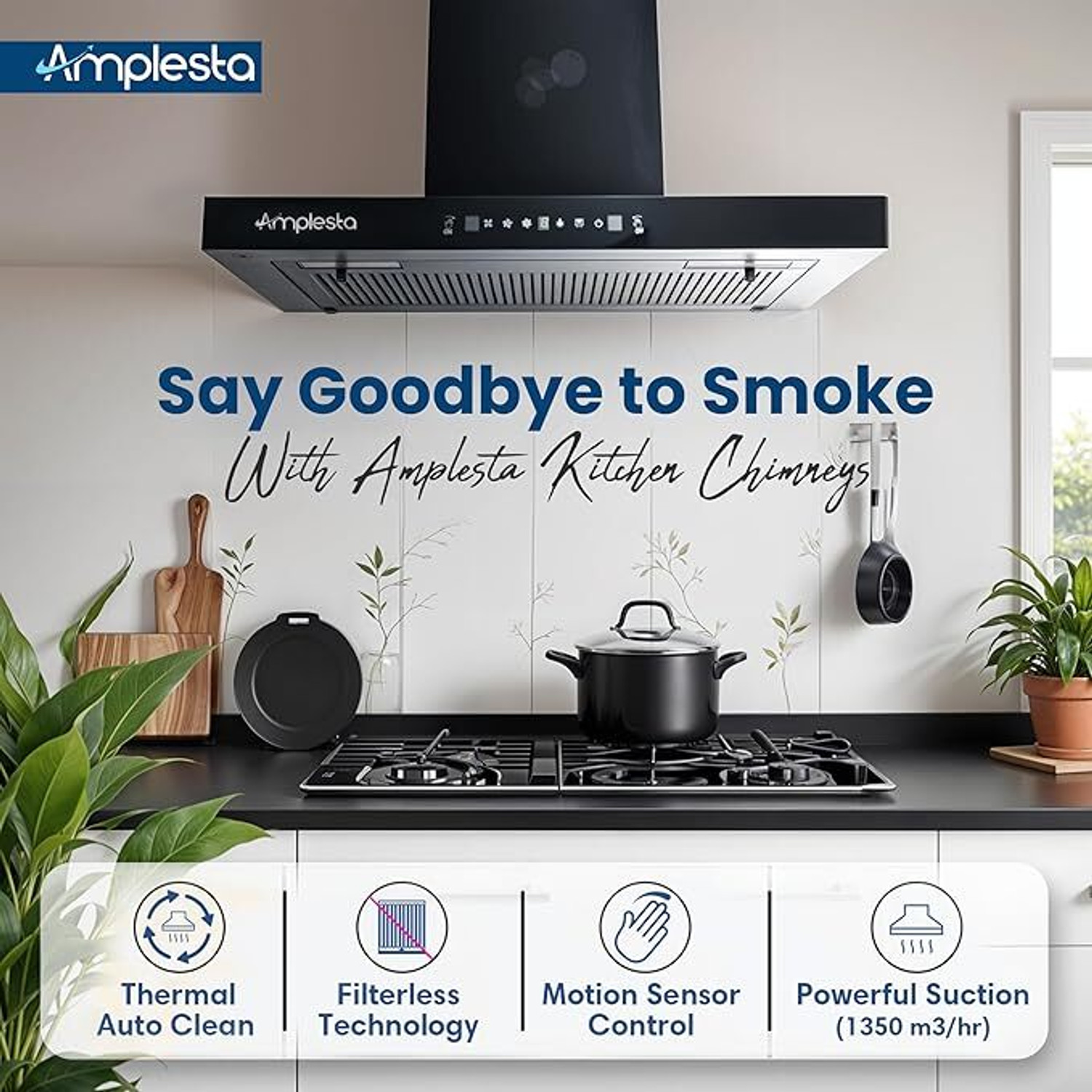 Image of Amplesta New Sereno Auto Clean T-Shape, Touch & Gesture Control, Filterless 1350 CMH 60 cm Auto Clean Chimney
