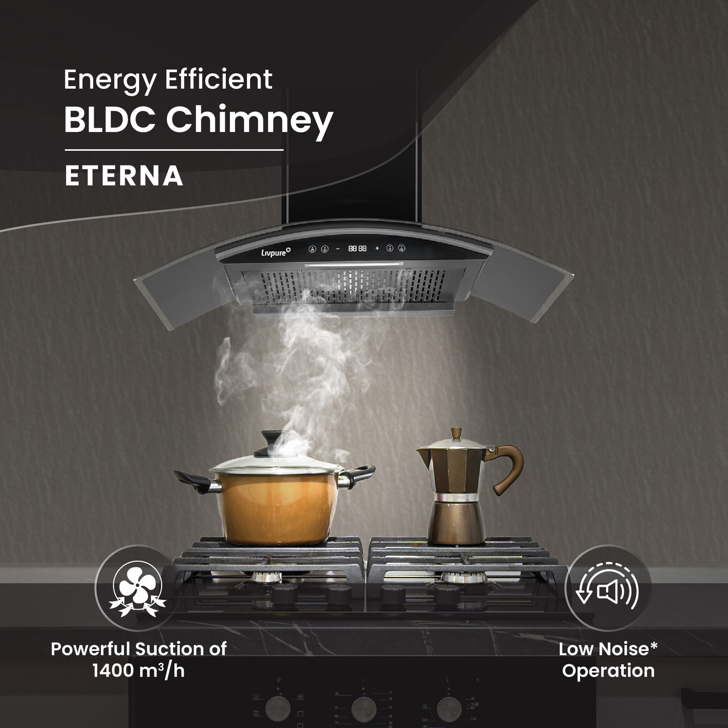 Image of LIVPURE ETERNA-BLDC-90-FL-HAC Auto Clean Wall Mounted Black 1400 CMH Chimney