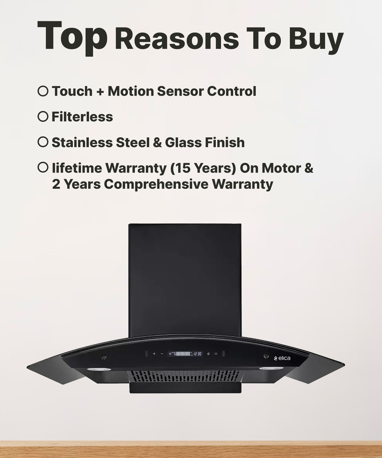 Image of Elica BLDC FLCG 900 HAC LTW MS NERO Filterless Auto Clean Wall Mounted Black 1425 CMH Chimney