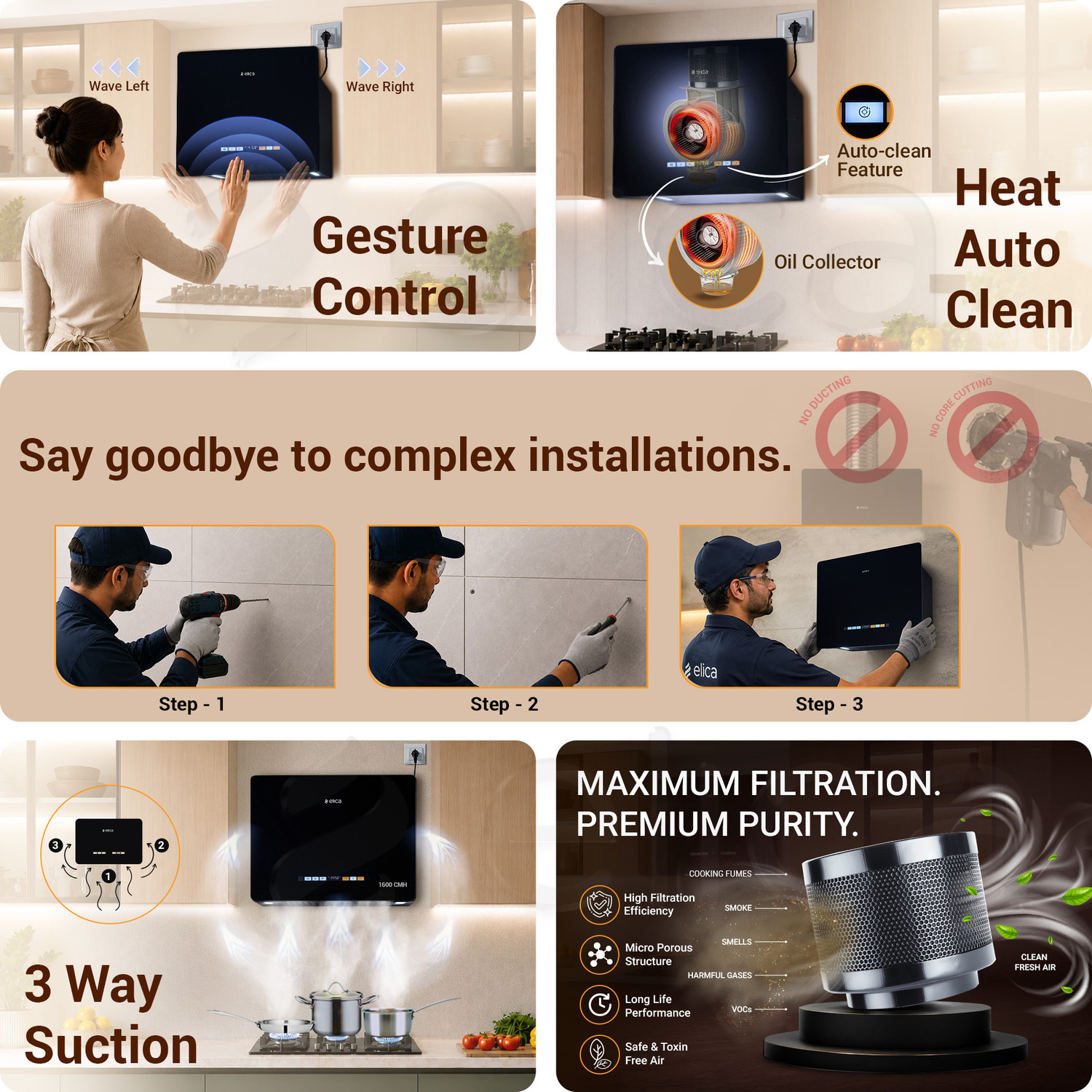 Image of Elica KITTY PLUG N PLAY BF 600 BLDC HAC LTW MS NERO 1600 CMH 60 cm Auto Clean Chimney