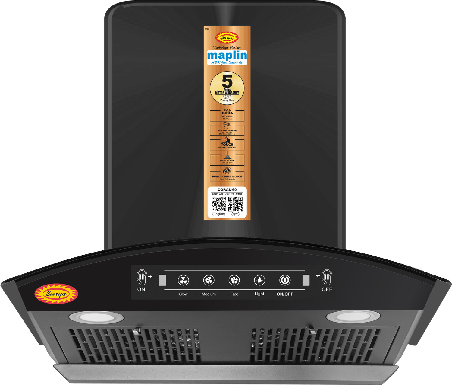Image of SURYA Coral 60 1500 CMH 60 cm Curve Shape Filterless Powerful Suction Low Noise 3 Speed Motor Auto Clean Chimney