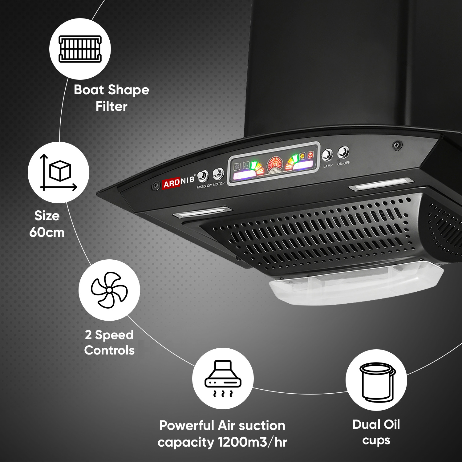 Image of Ardnib ARC 60cm Kitchen Chimney With Boat Shape Filters /Push Botton /7Yrs Motor Warranty 1200 CMH 60 cm Chimney