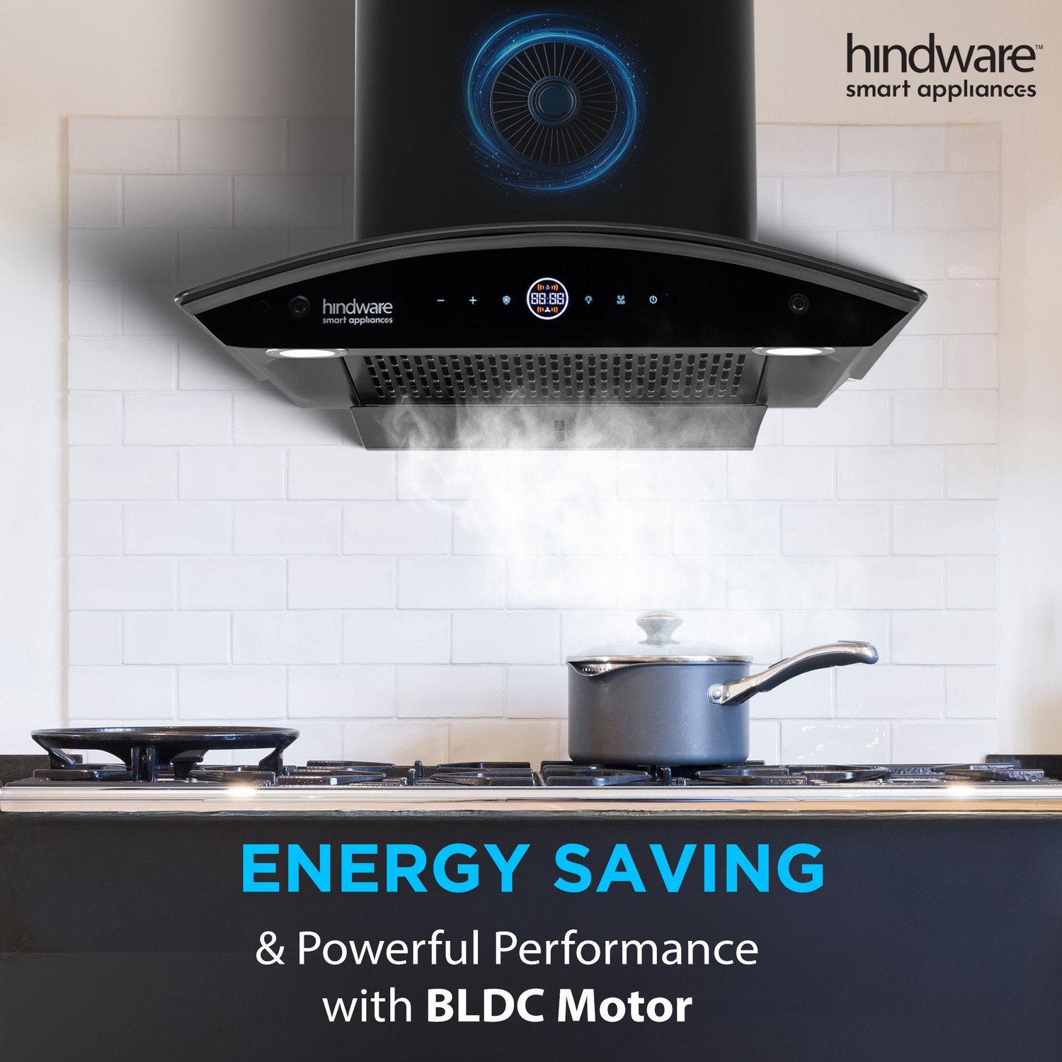 Image of Hindware Smart Appliances Ripple Plus BLDC Autoclean 60 IN Auto Clean | Curved Glass | Filterless | Touch Control | Energy Efficient LED Light | Powerful Suction | Wall Mounted Black 1600 CMH Chimney