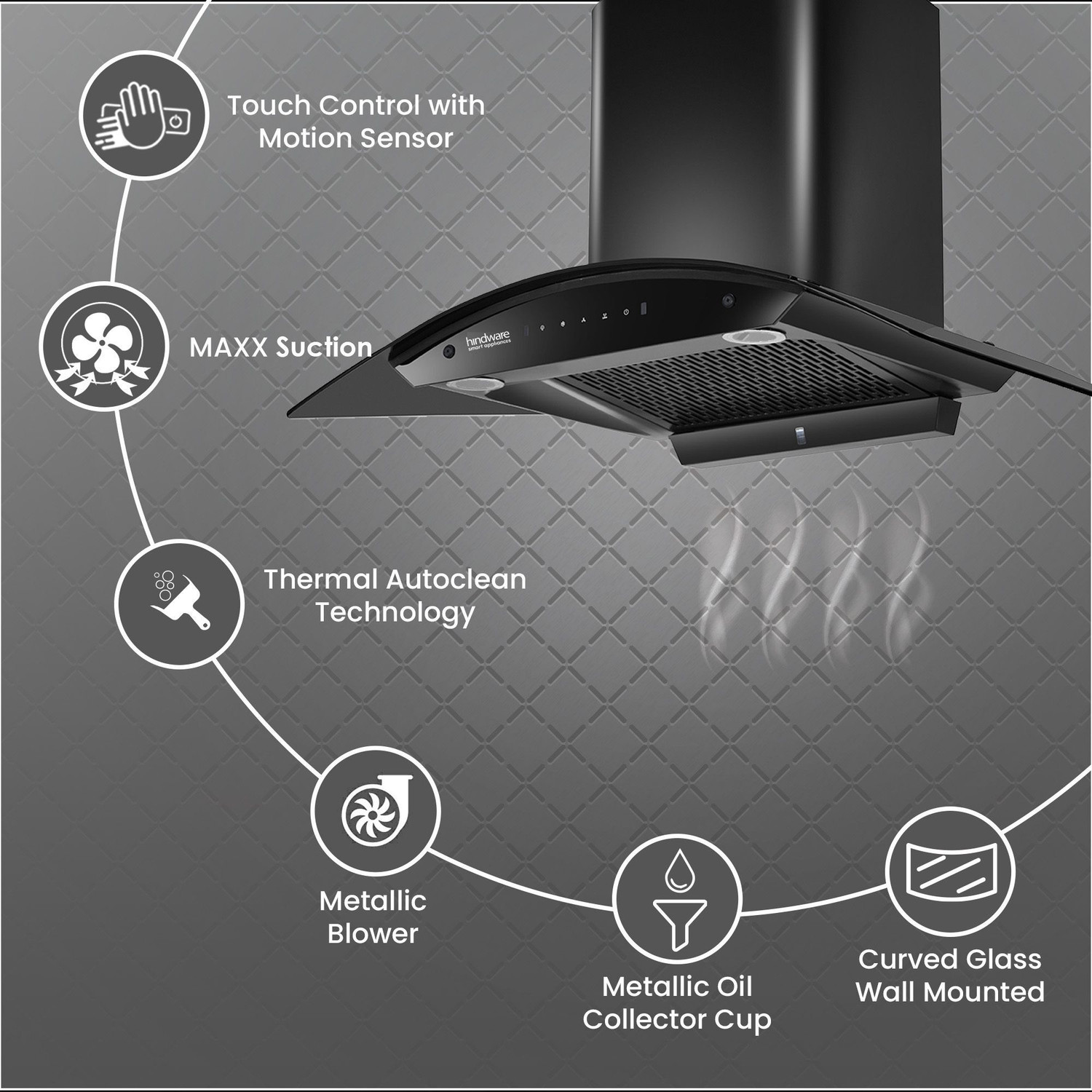 Image of Hindware Smart Appliances Ripple Blk Plus Autoclean 90 IN Auto Clean | Curved Glass | Filterless | Touch Control | Motion Sensor | 10 Years Motor Warranty | Energy Efficient LED Light | Powerful Suction Wall Mounted Black 1500 CMH Chimney